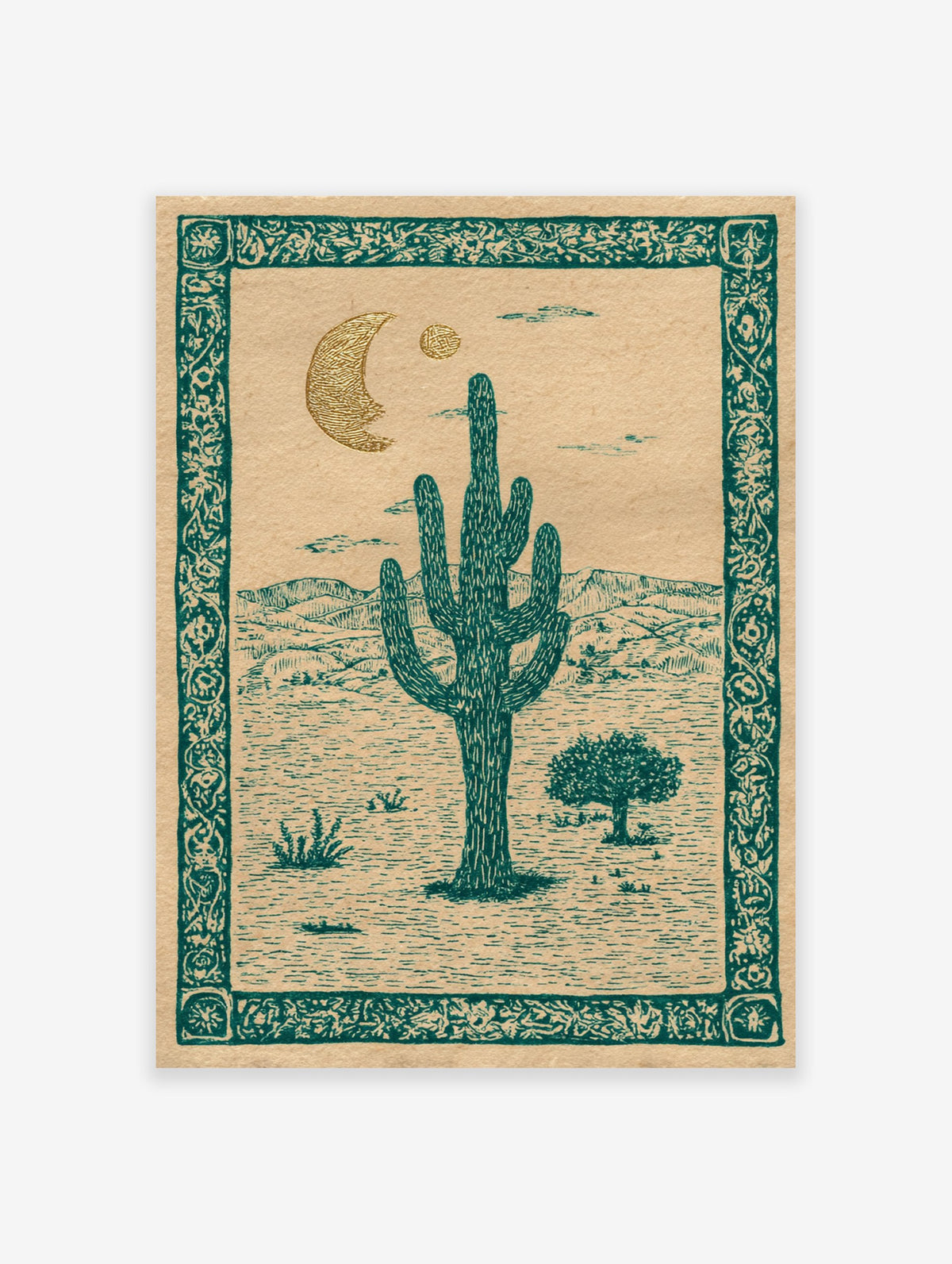 Vintage desert cactus moon poster featuring a saguaro cactus, mountains, moon, and sun in teal and gold illustration style.