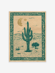 Vintage desert cactus moon poster featuring a saguaro cactus, mountains, moon, and sun in teal and gold illustration style.