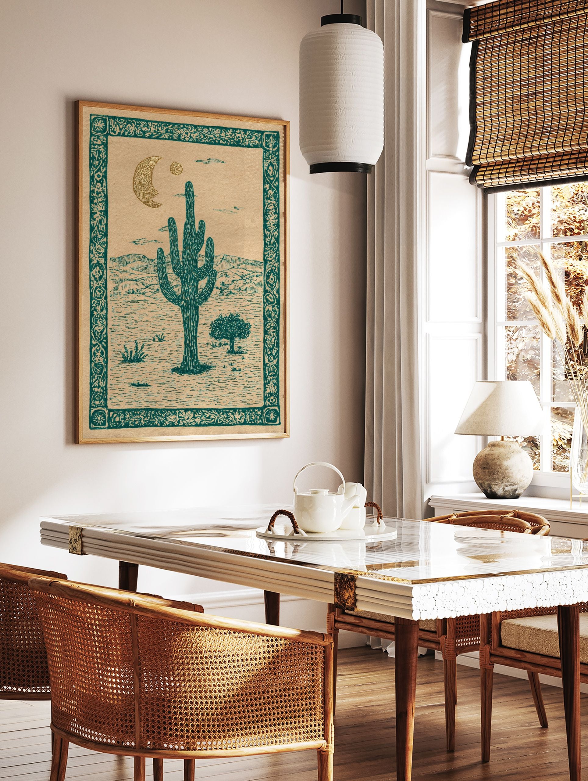 Vintage desert cactus moon poster featuring a saguaro cactus, mountains, moon, and sun in teal and gold illustration style. - Image 2