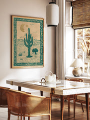 Vintage desert cactus moon poster featuring a saguaro cactus, mountains, moon, and sun in teal and gold illustration style. - Image 2