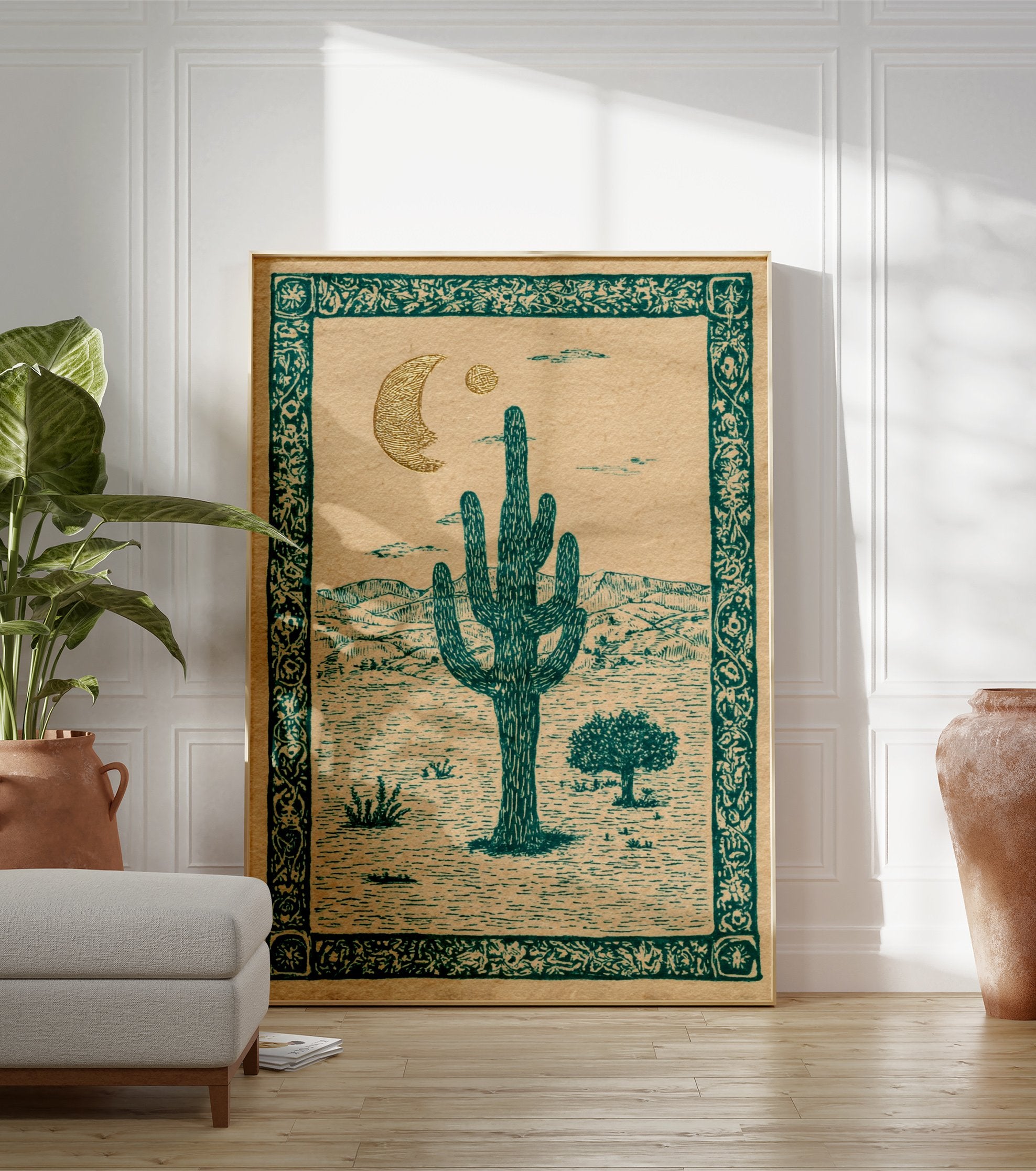 Vintage desert cactus moon poster featuring a saguaro cactus, mountains, moon, and sun in teal and gold illustration style. - Image 3