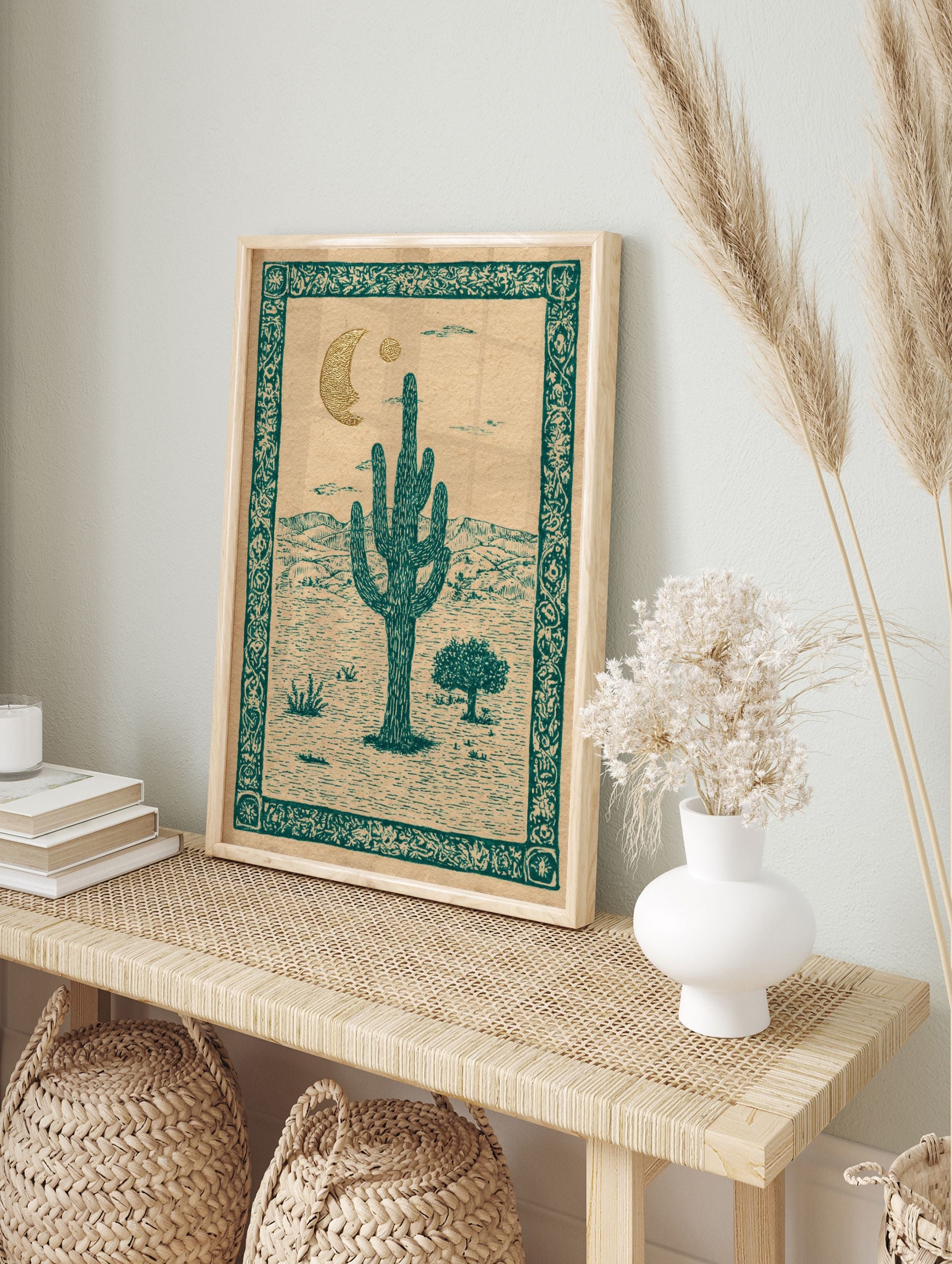 Vintage desert cactus moon poster featuring a saguaro cactus, mountains, moon, and sun in teal and gold illustration style. - Image 4