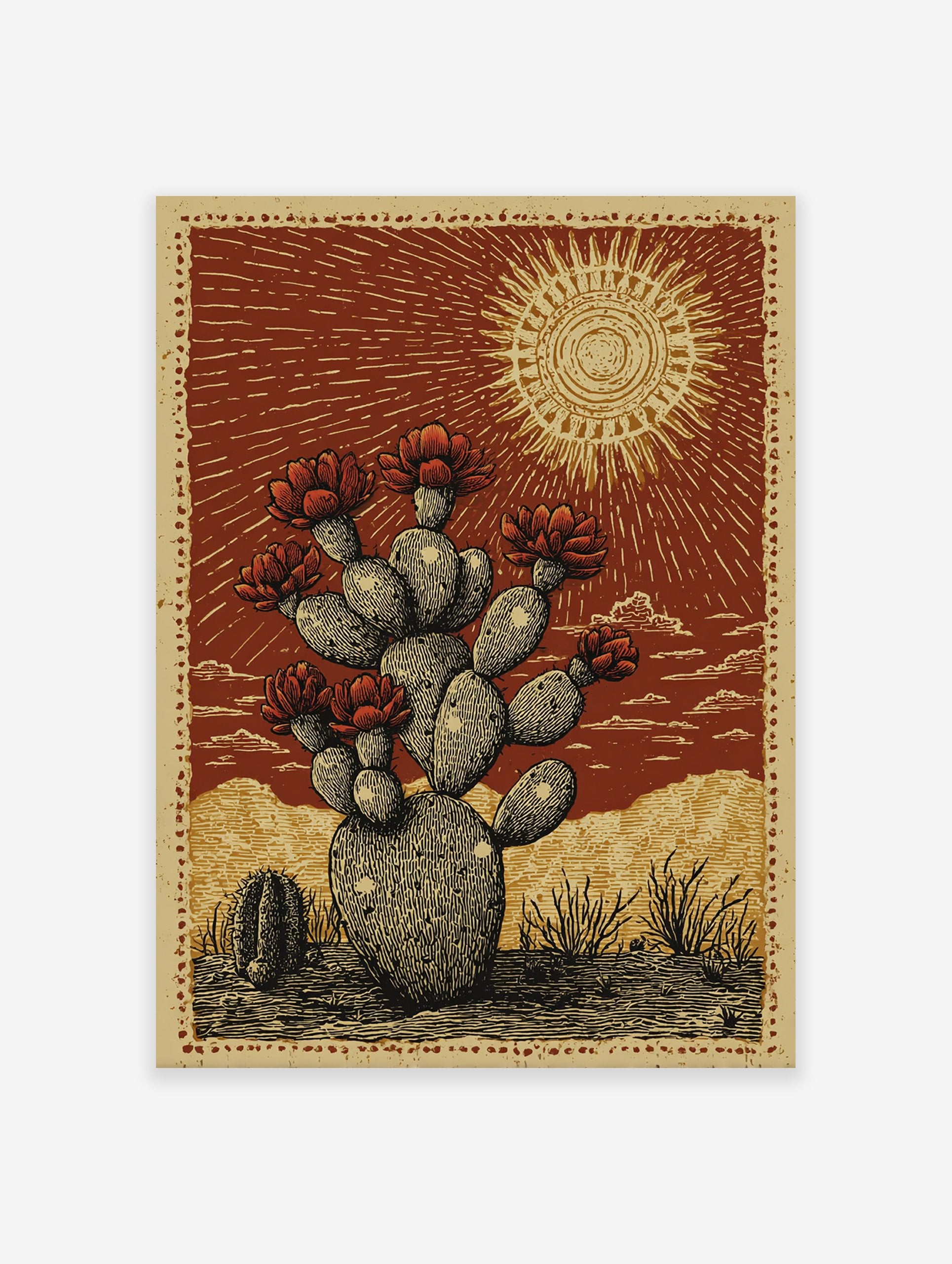 Desert Cactus Poster with blooming red flowers under a sun in a rustic illustrative style, set in a desert landscape.