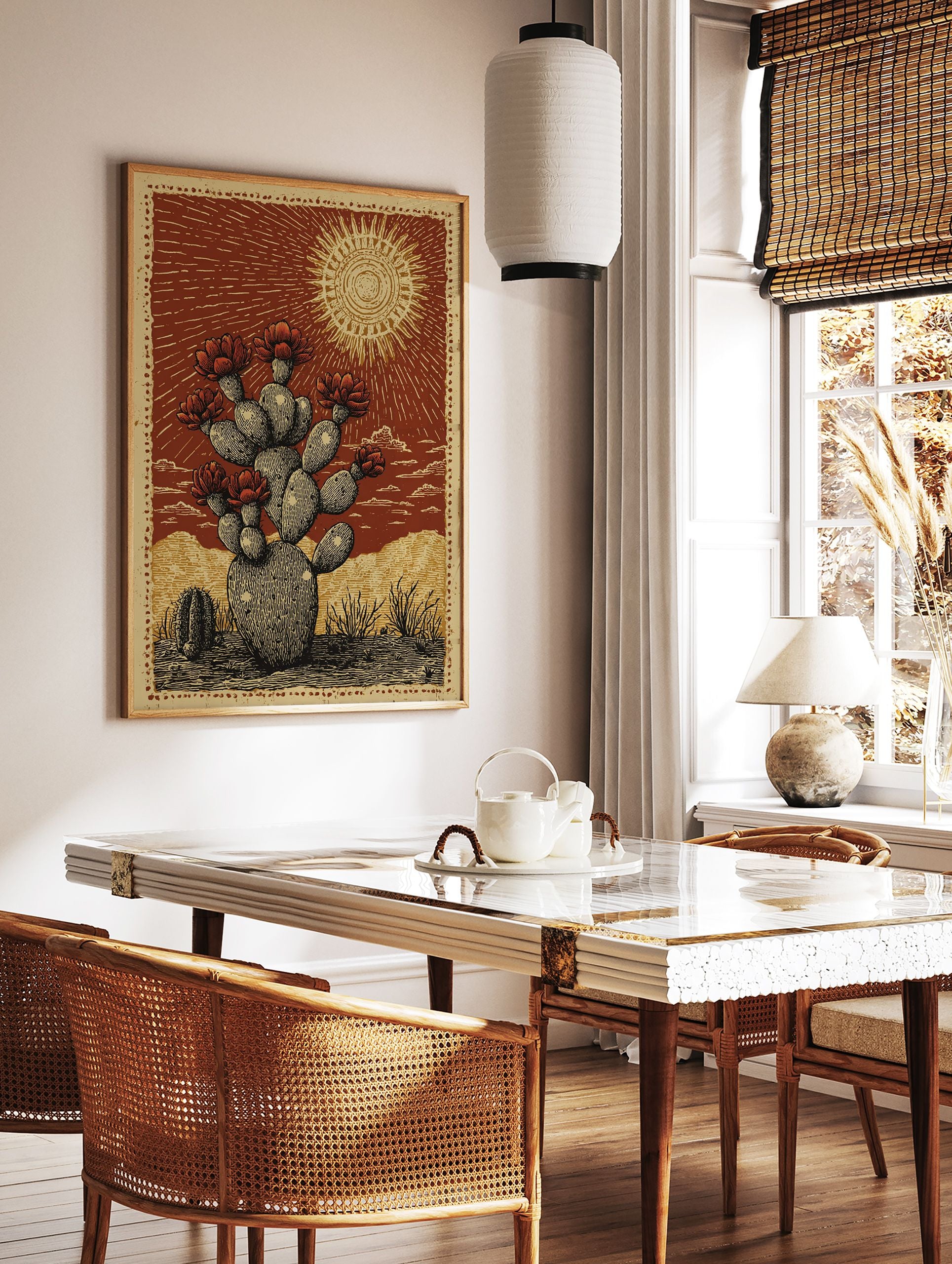 Desert Cactus Poster with blooming red flowers under a sun in a rustic illustrative style, set in a desert landscape. - Image 2