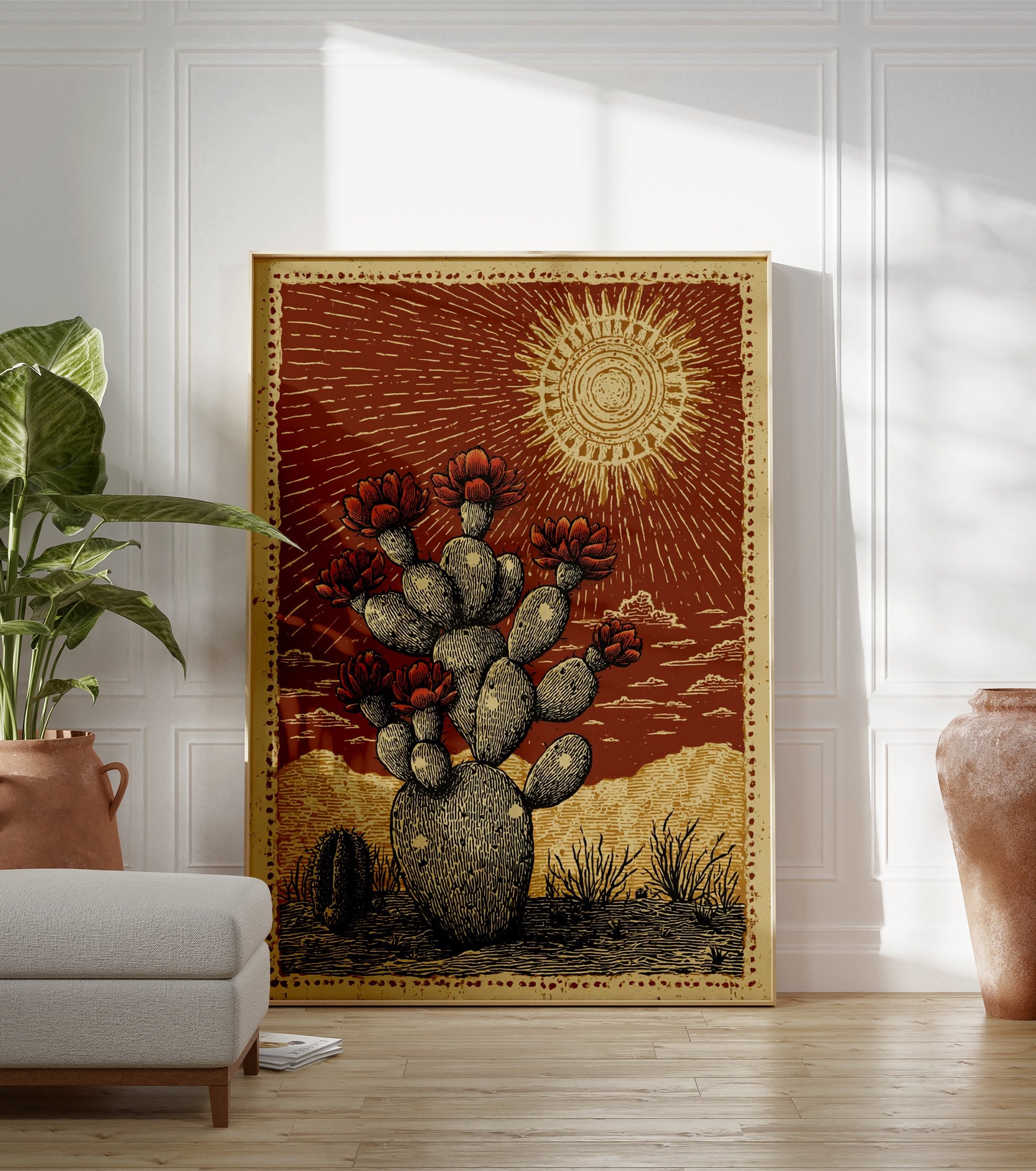 Desert Cactus Poster with blooming red flowers under a sun in a rustic illustrative style, set in a desert landscape. - Image 3