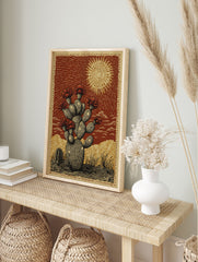 Desert Cactus Poster with blooming red flowers under a sun in a rustic illustrative style, set in a desert landscape. - Image 4