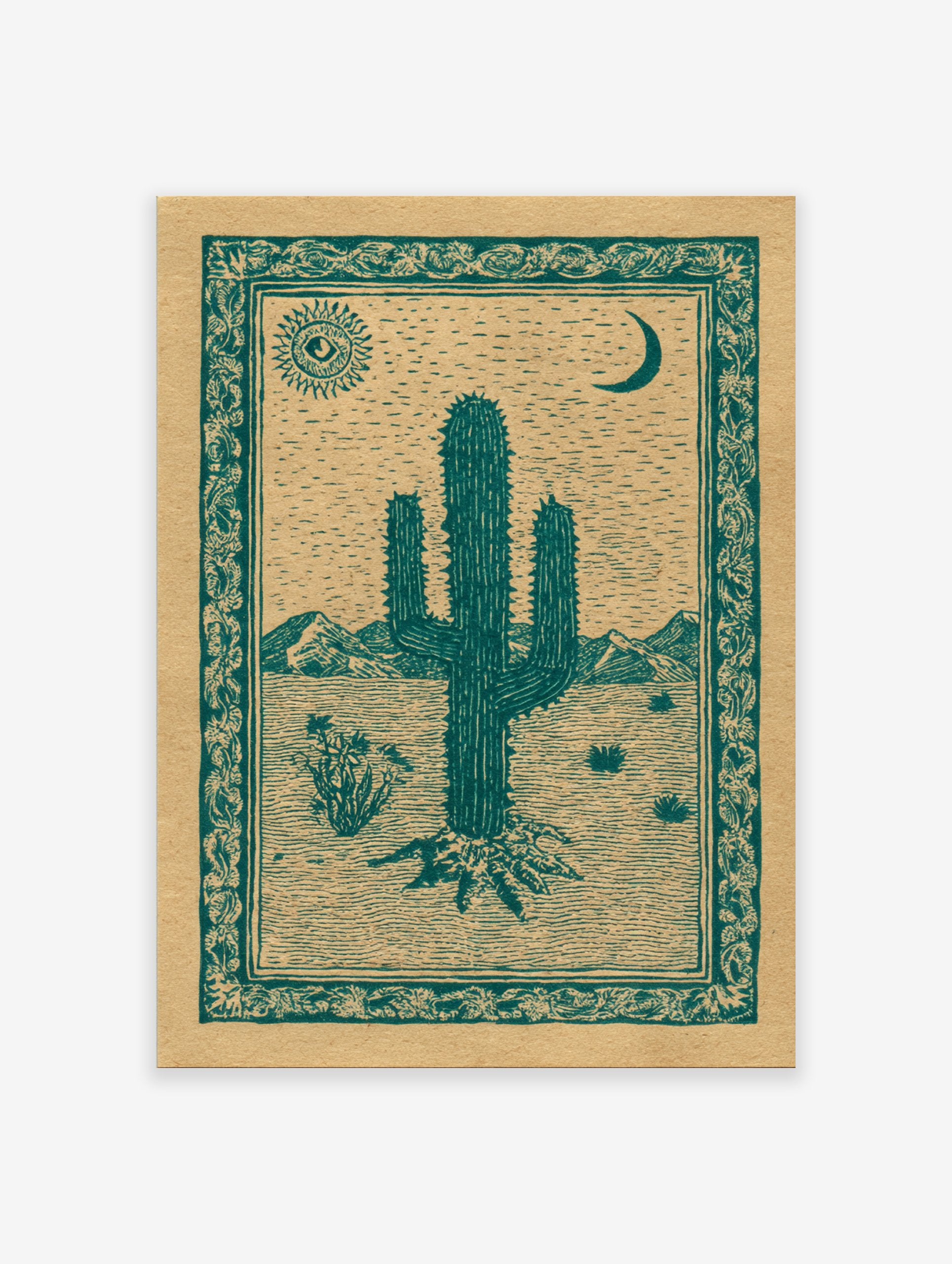 Desert cactus poster with a green illustration of a saguaro, sun with an eye, and crescent moon in a desert landscape.