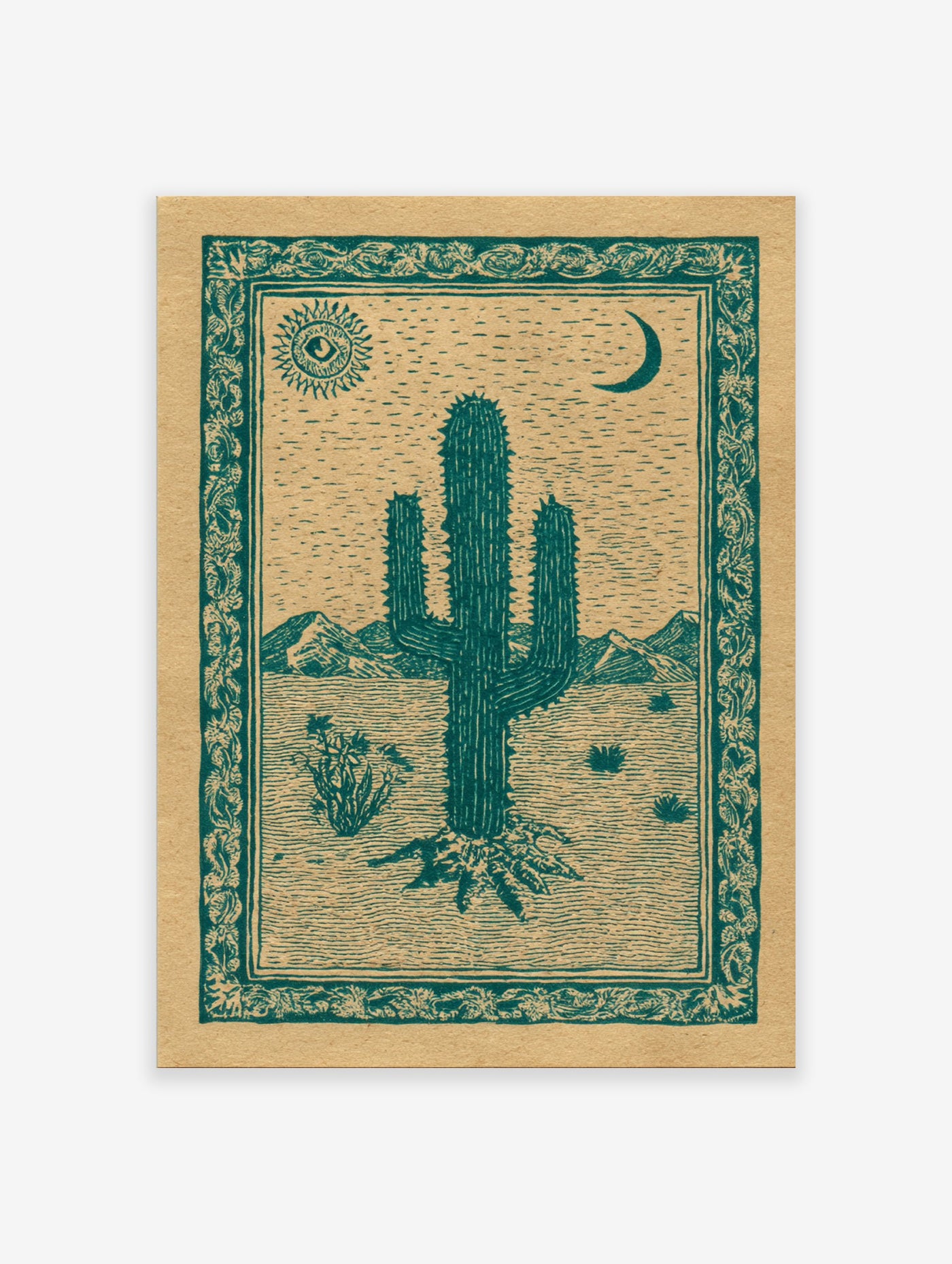 Desert cactus poster with a green illustration of a saguaro, sun with an eye, and crescent moon in a desert landscape.