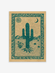 Desert cactus poster with a green illustration of a saguaro, sun with an eye, and crescent moon in a desert landscape.