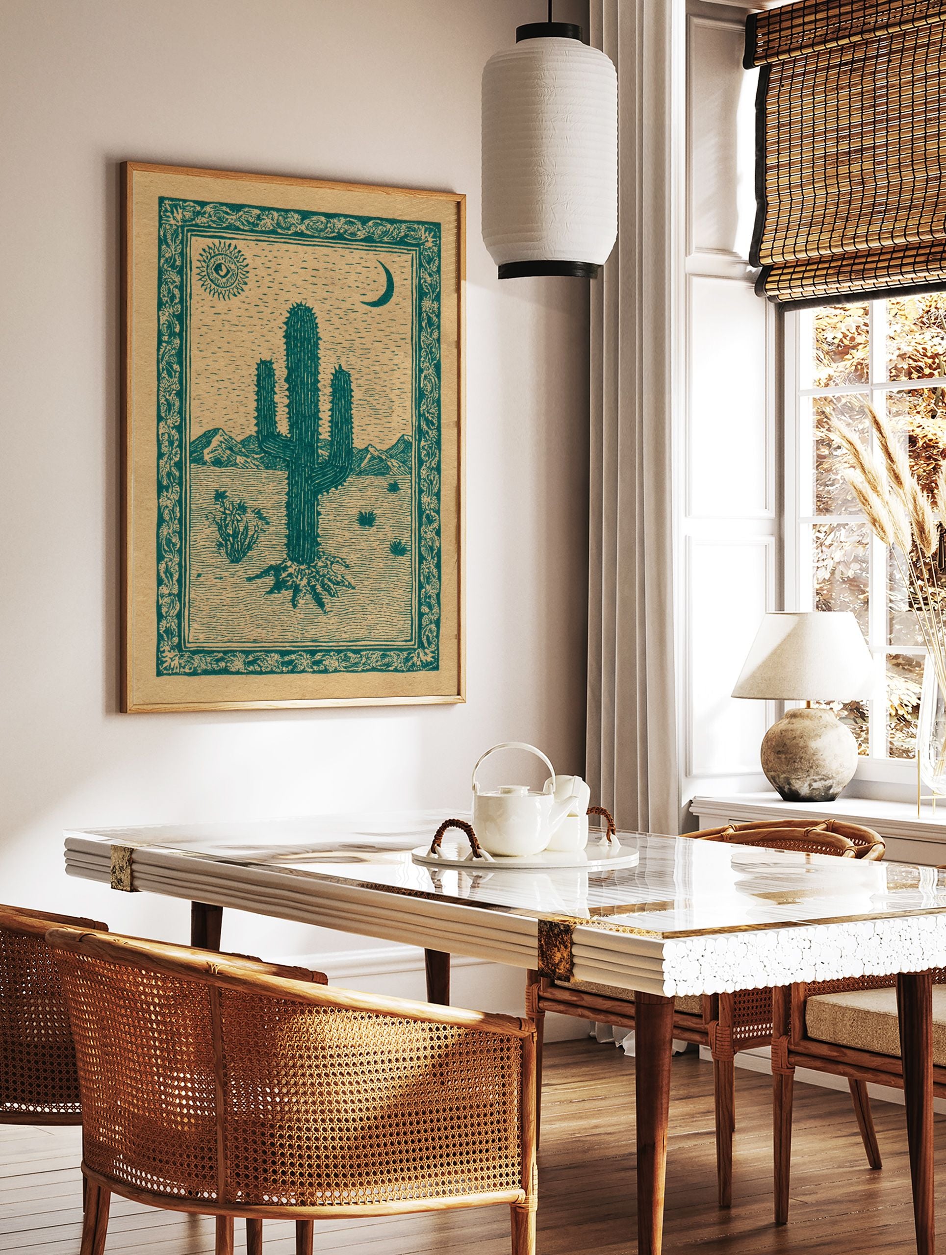 Desert cactus poster with a green illustration of a saguaro, sun with an eye, and crescent moon in a desert landscape. - Image 2