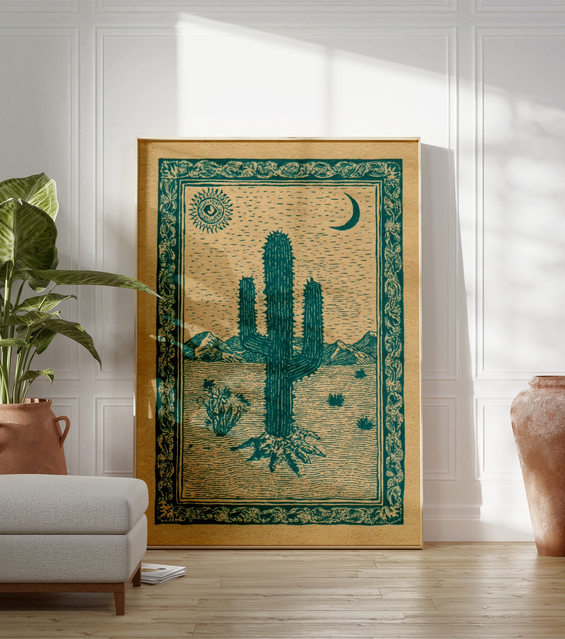 Desert cactus poster with a green illustration of a saguaro, sun with an eye, and crescent moon in a desert landscape. - Image 3