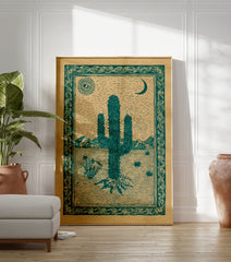 Desert cactus poster with a green illustration of a saguaro, sun with an eye, and crescent moon in a desert landscape. - Image 3