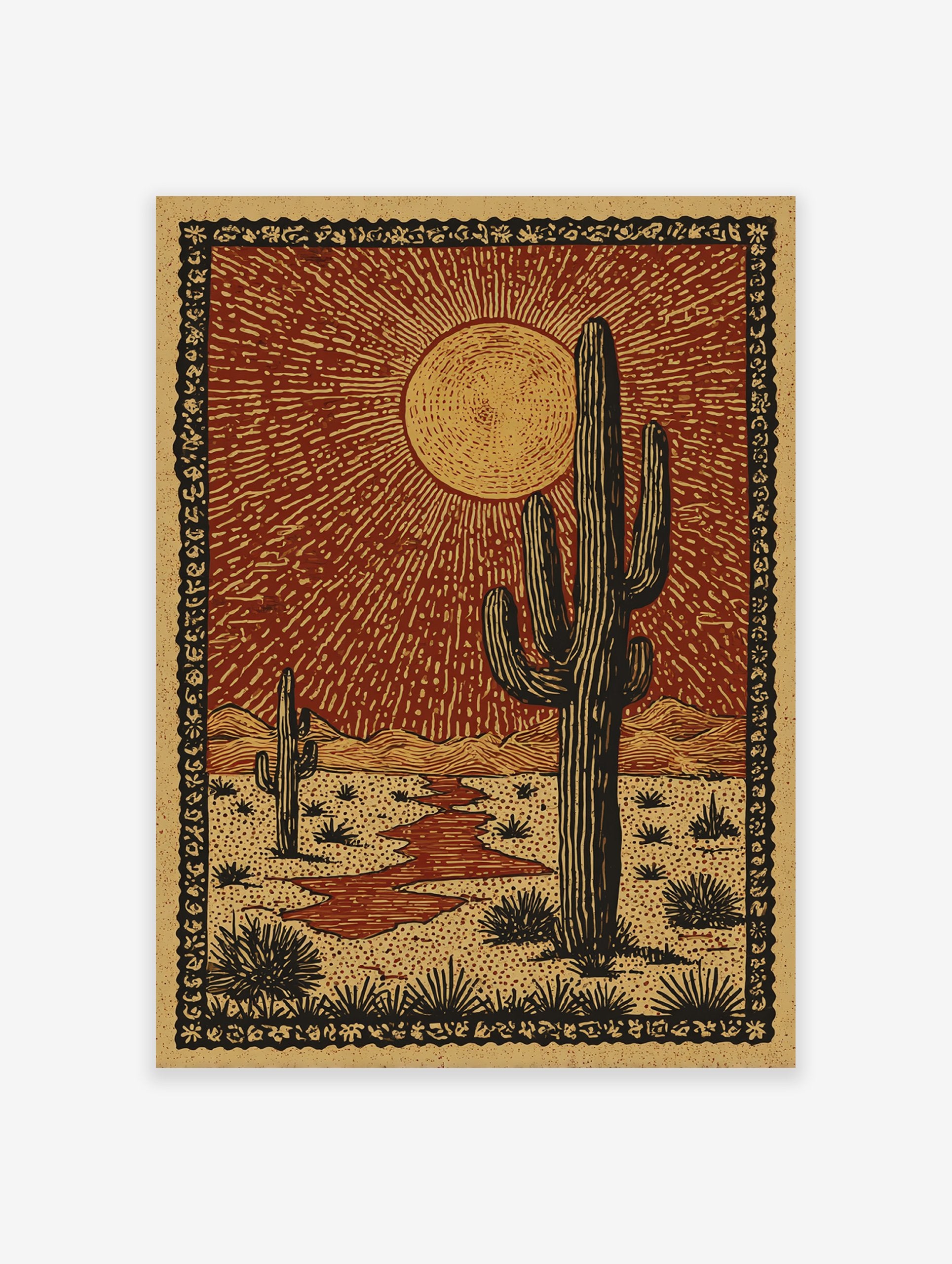 Desert landscape poster featuring saguaro cacti, a bright sun, mountains, and a dry riverbed in a rustic, illustrative style.