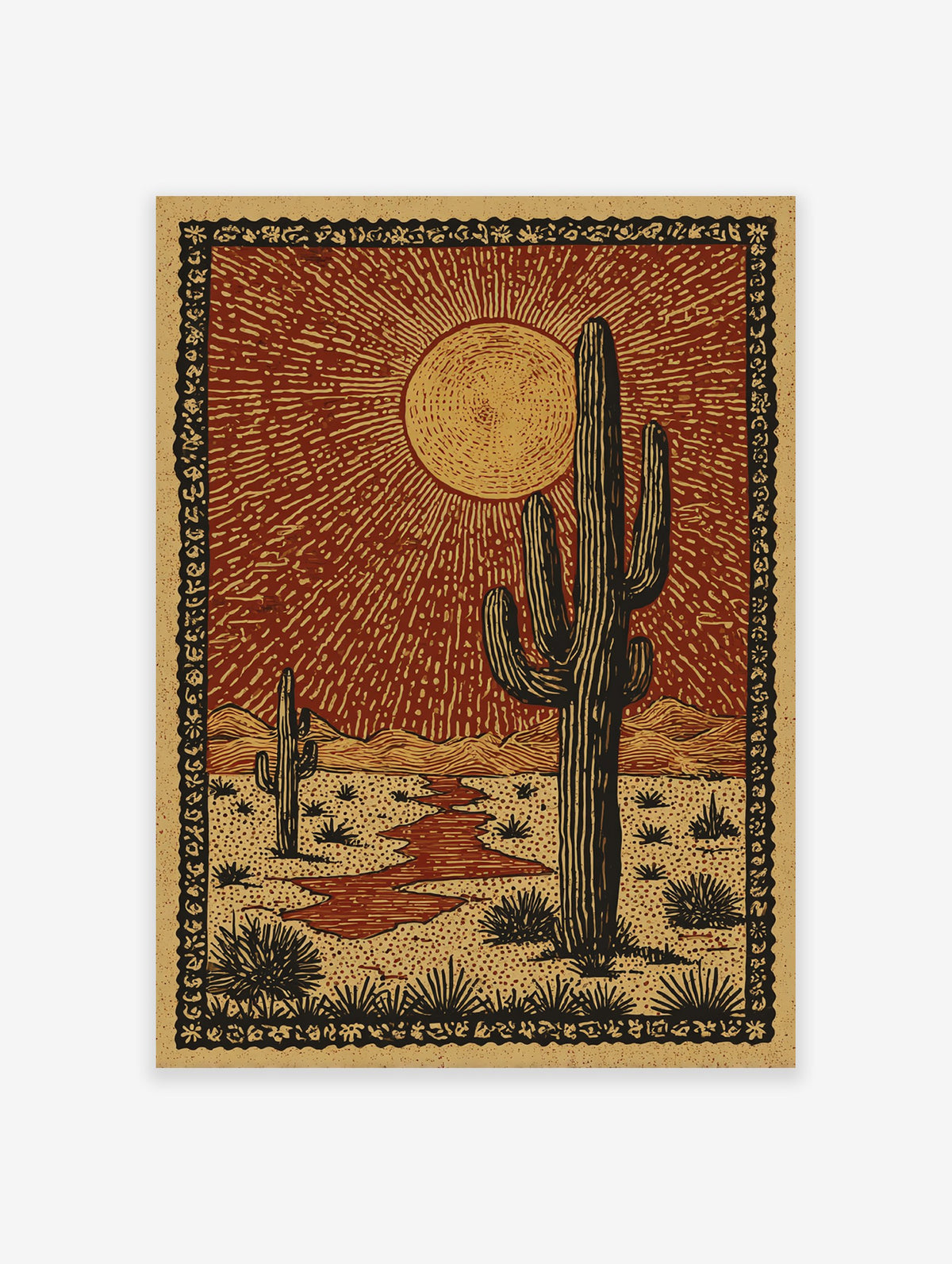 Desert landscape poster featuring saguaro cacti, a bright sun, mountains, and a dry riverbed in a rustic, illustrative style.