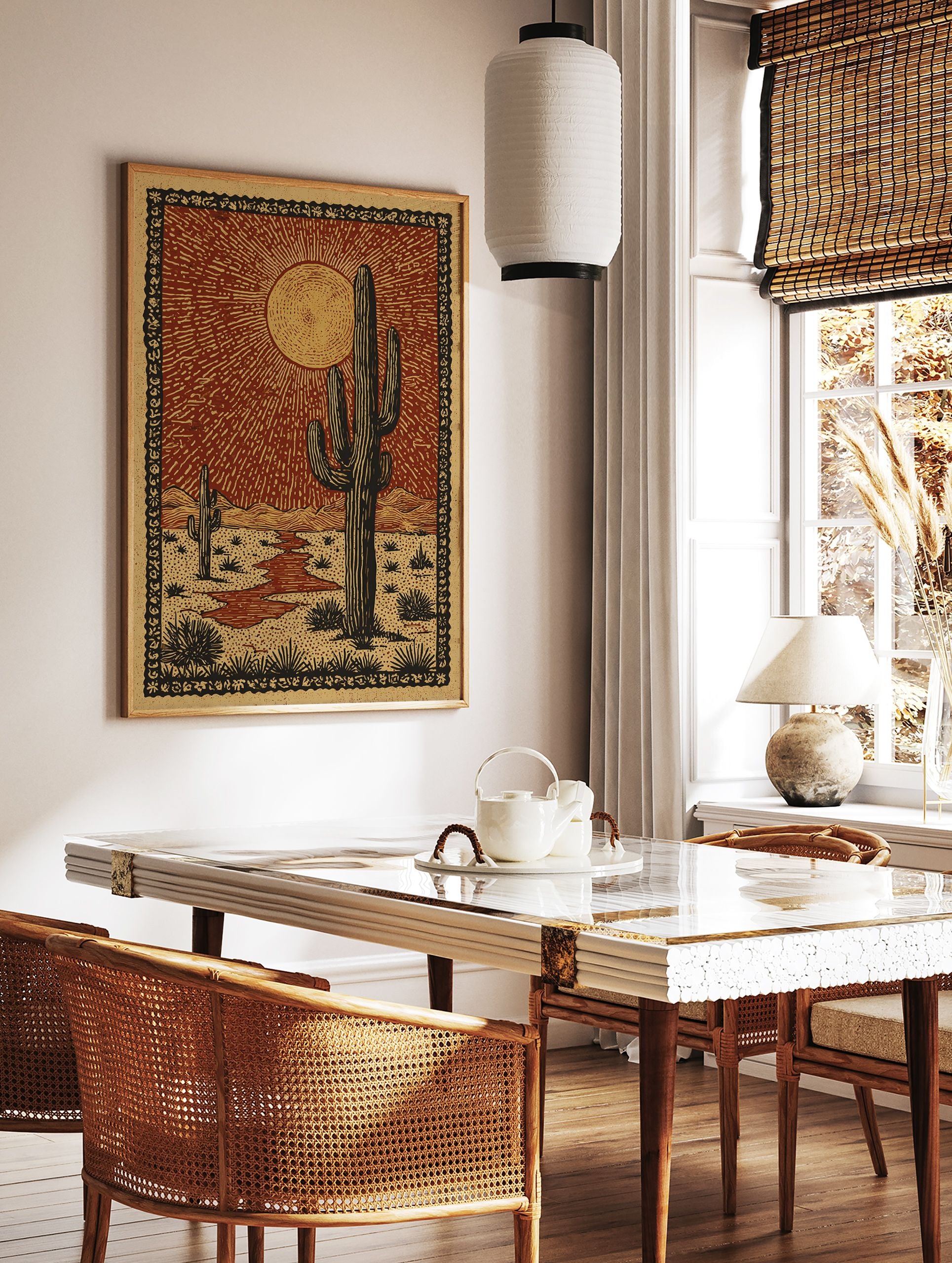 Desert landscape poster featuring saguaro cacti, a bright sun, mountains, and a dry riverbed in a rustic, illustrative style. - Image 2