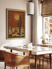 Desert landscape poster featuring saguaro cacti, a bright sun, mountains, and a dry riverbed in a rustic, illustrative style. - Image 2