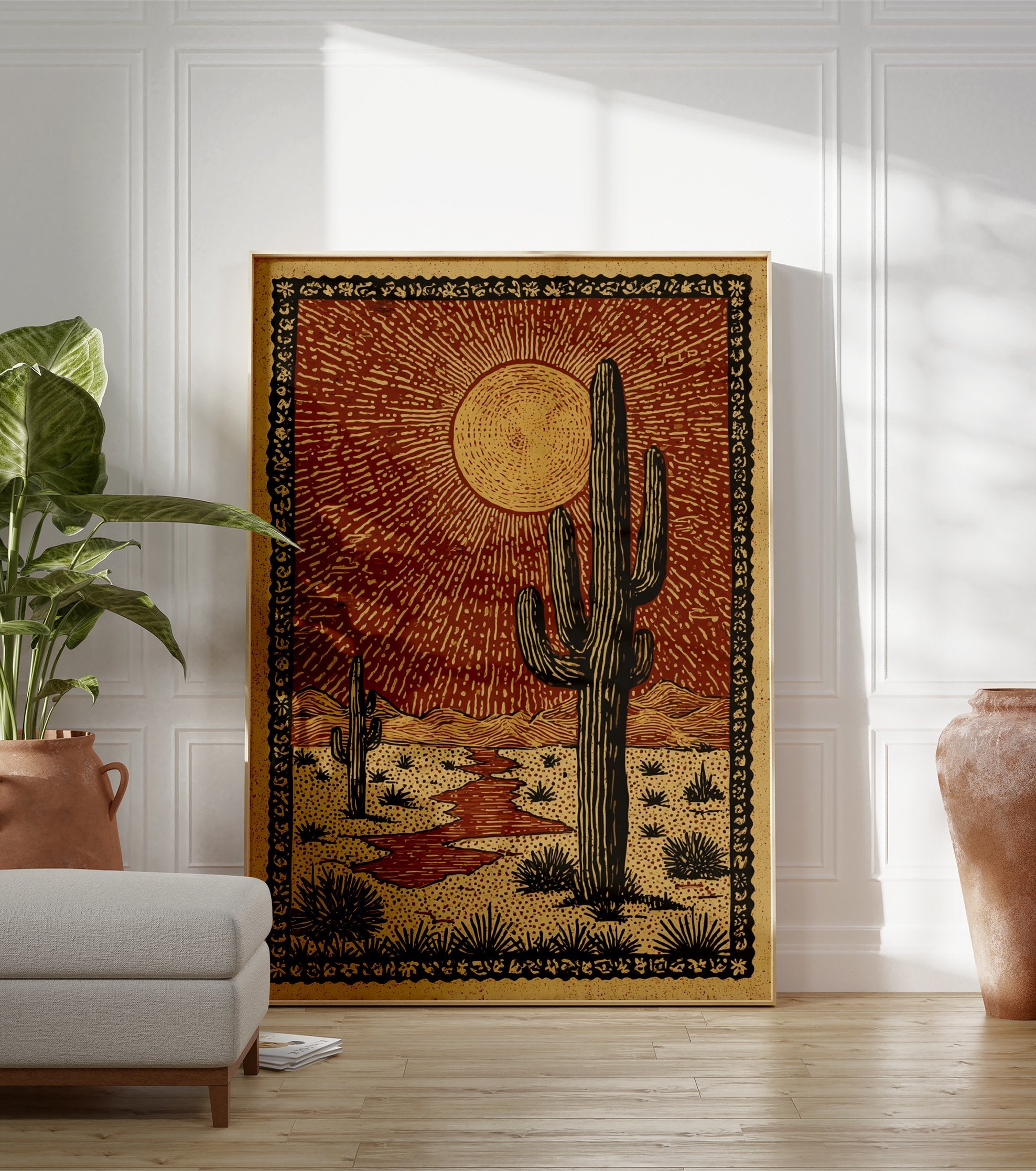 Desert landscape poster featuring saguaro cacti, a bright sun, mountains, and a dry riverbed in a rustic, illustrative style. - Image 3