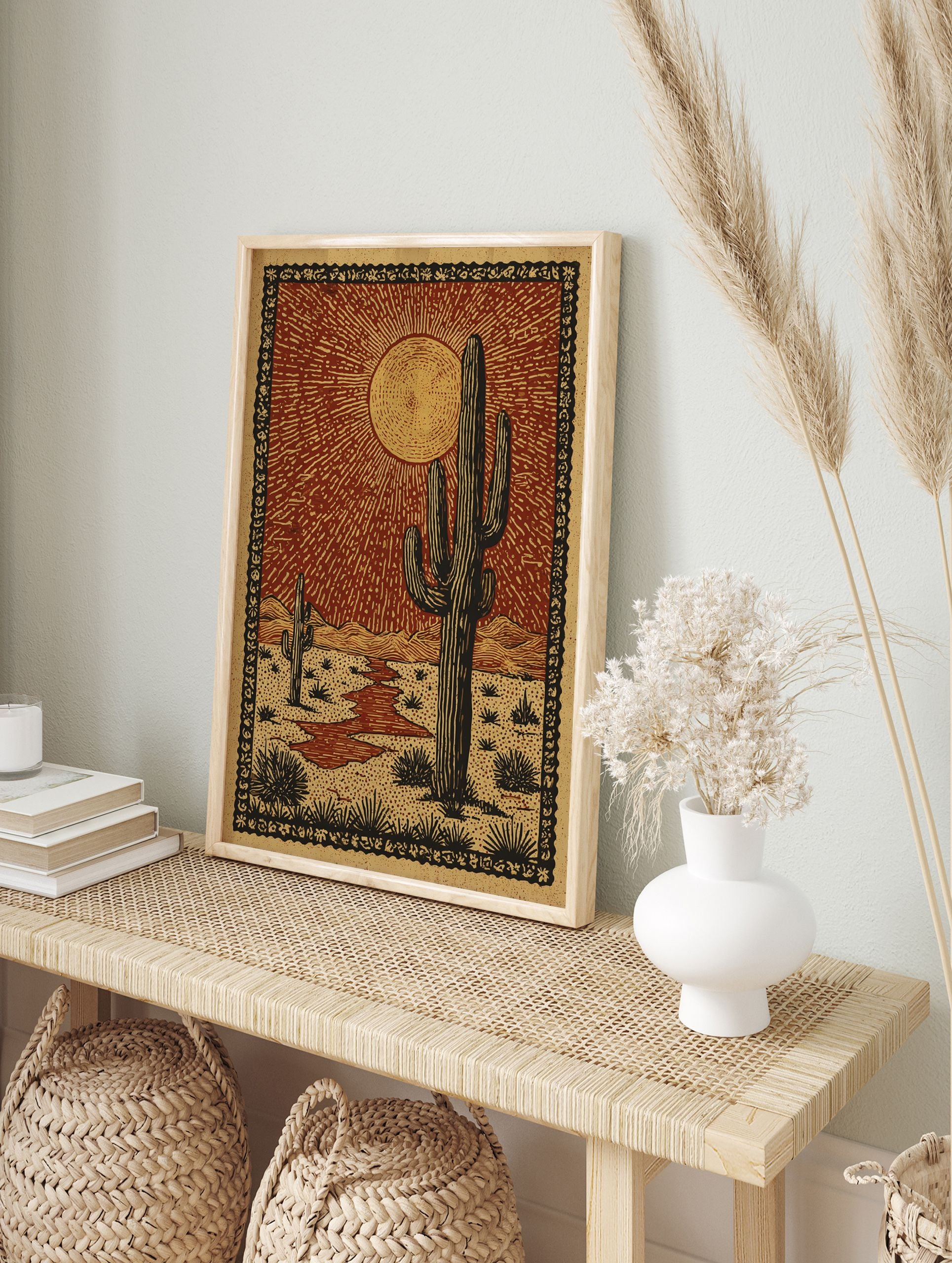 Desert landscape poster featuring saguaro cacti, a bright sun, mountains, and a dry riverbed in a rustic, illustrative style. - Image 4