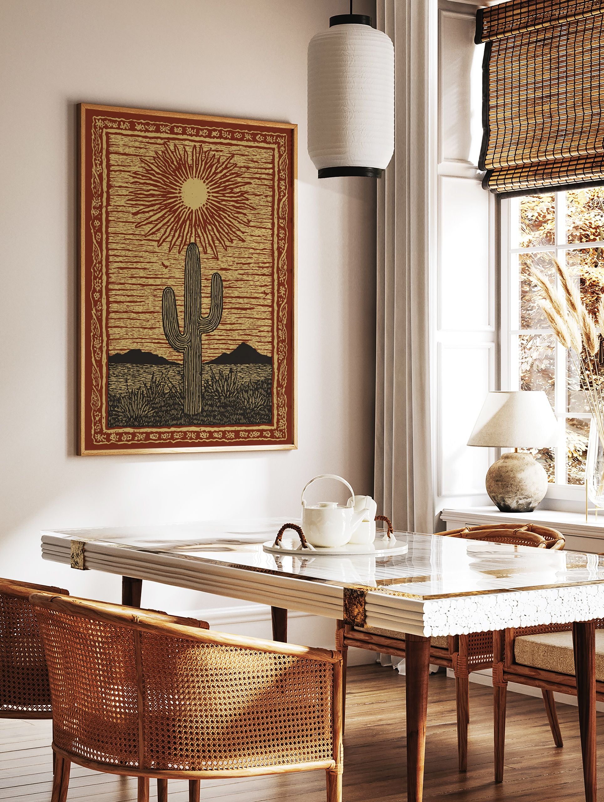 Desert cactus poster featuring a saguaro under a radiating sun in a linocut style, with mountains and plants in a red and gold desert scene. - Image 2