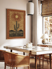 Desert cactus poster featuring a saguaro under a radiating sun in a linocut style, with mountains and plants in a red and gold desert scene. - Image 2