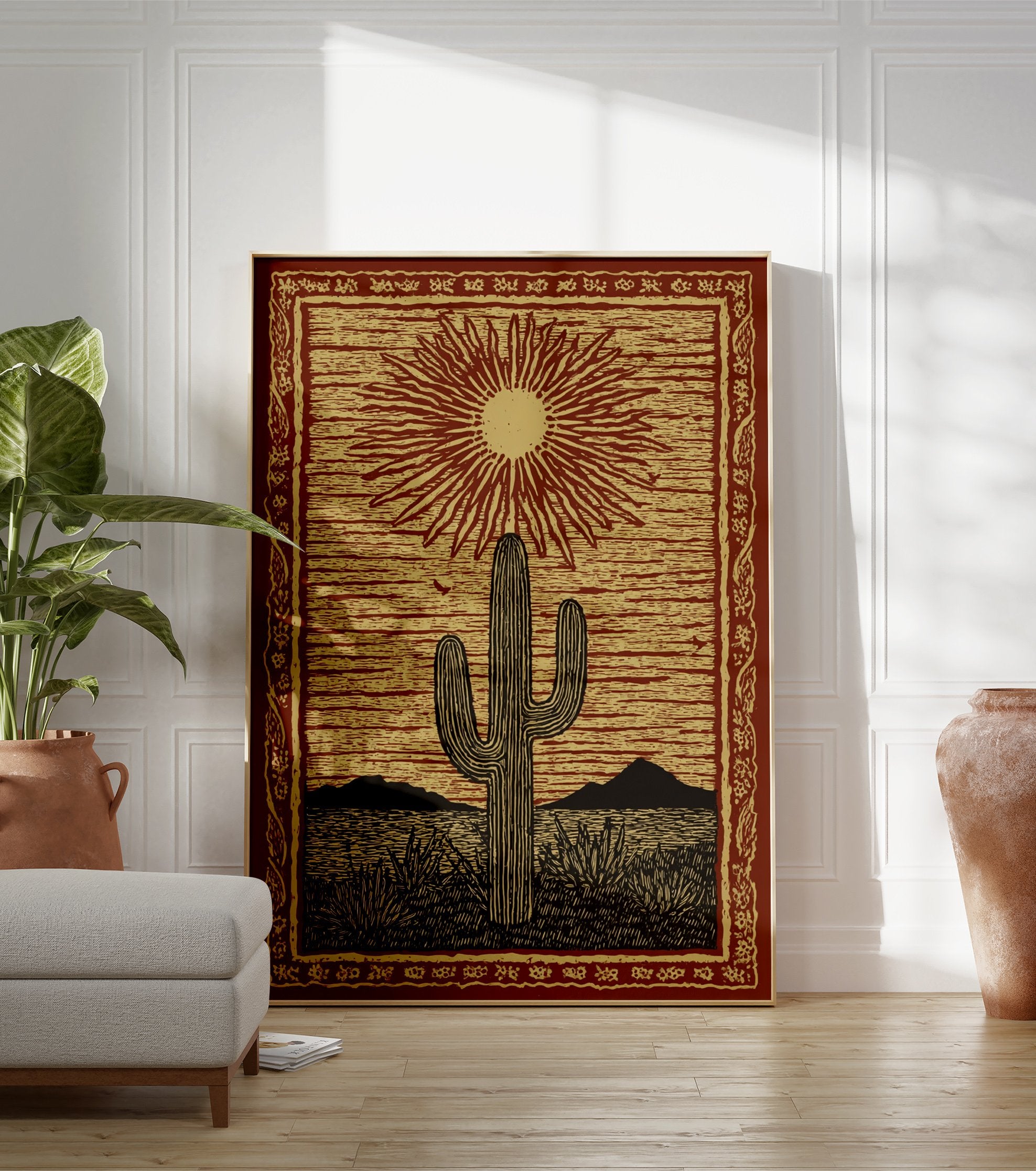 Desert cactus poster featuring a saguaro under a radiating sun in a linocut style, with mountains and plants in a red and gold desert scene. - Image 3