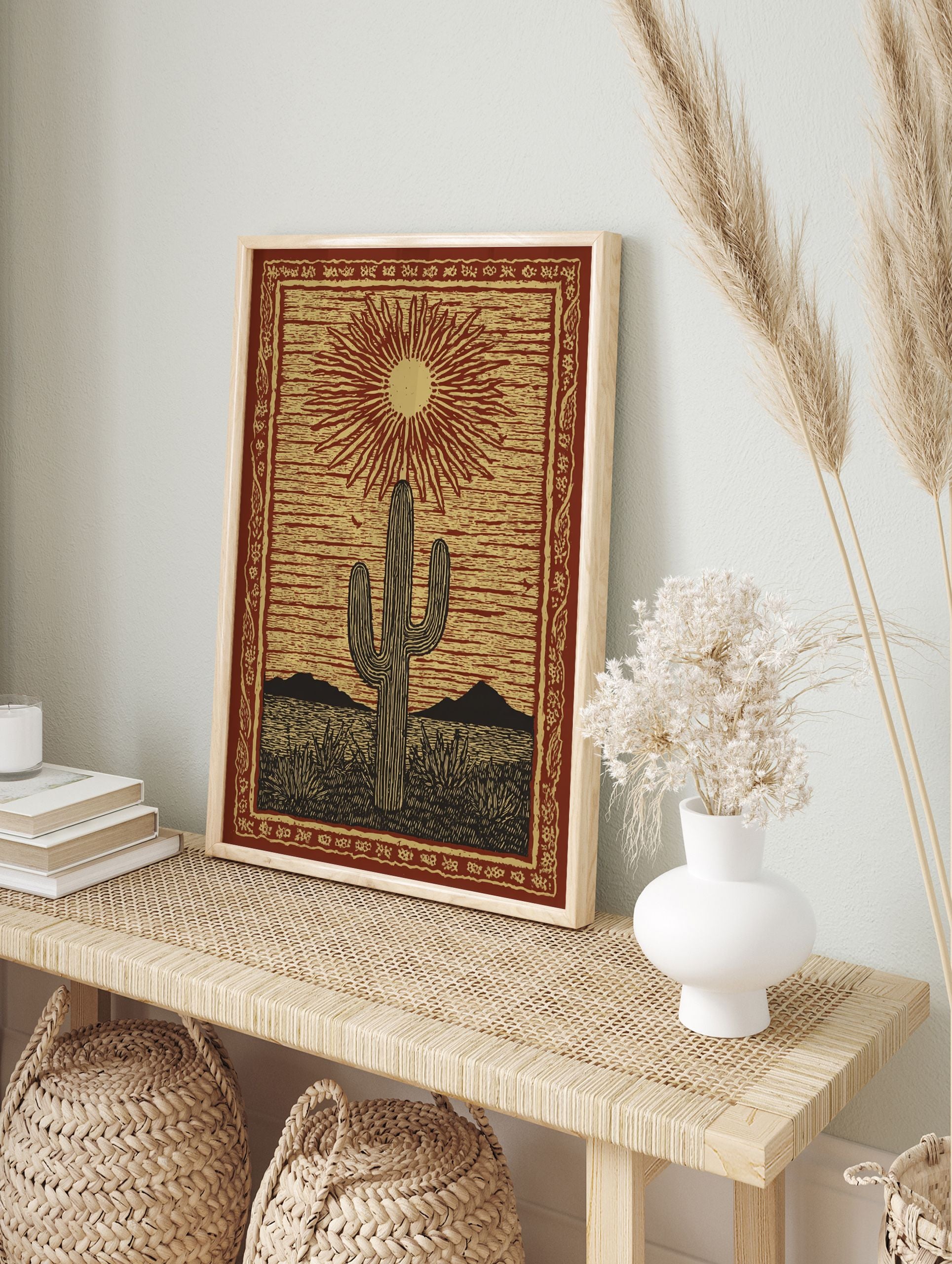 Desert cactus poster featuring a saguaro under a radiating sun in a linocut style, with mountains and plants in a red and gold desert scene. - Image 4