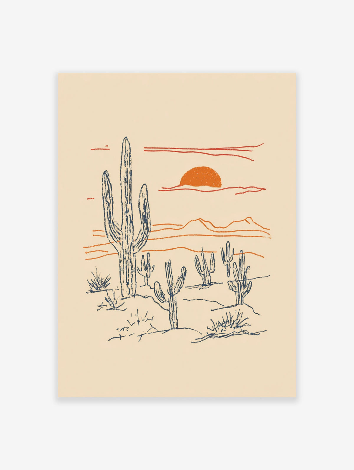 Desert cactus line art poster with orange sun, saguaro cacti, and mountains on beige background