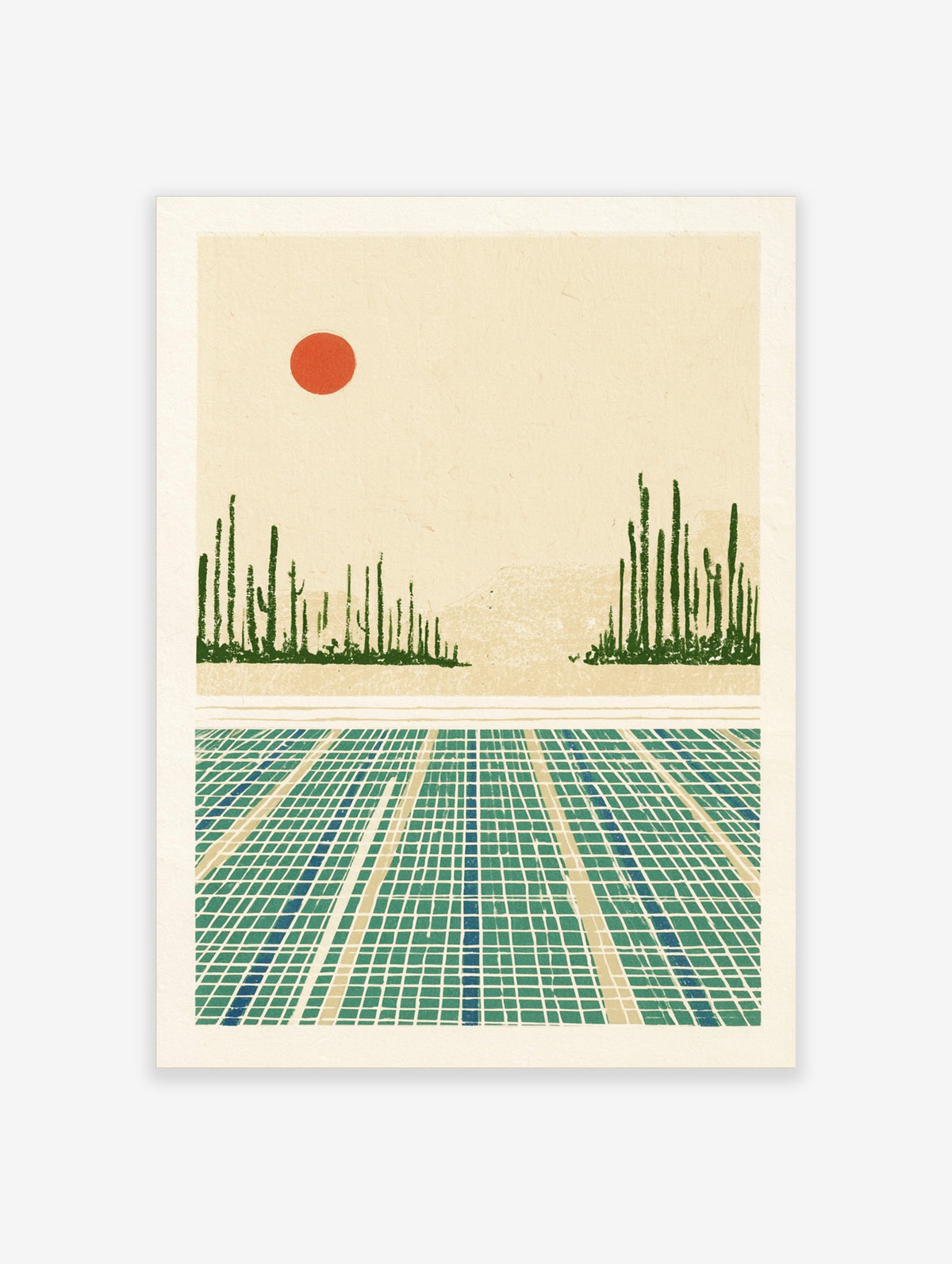 Retro desert cactus sunset poster with red sun, green saguaros and geometric pool tile pattern