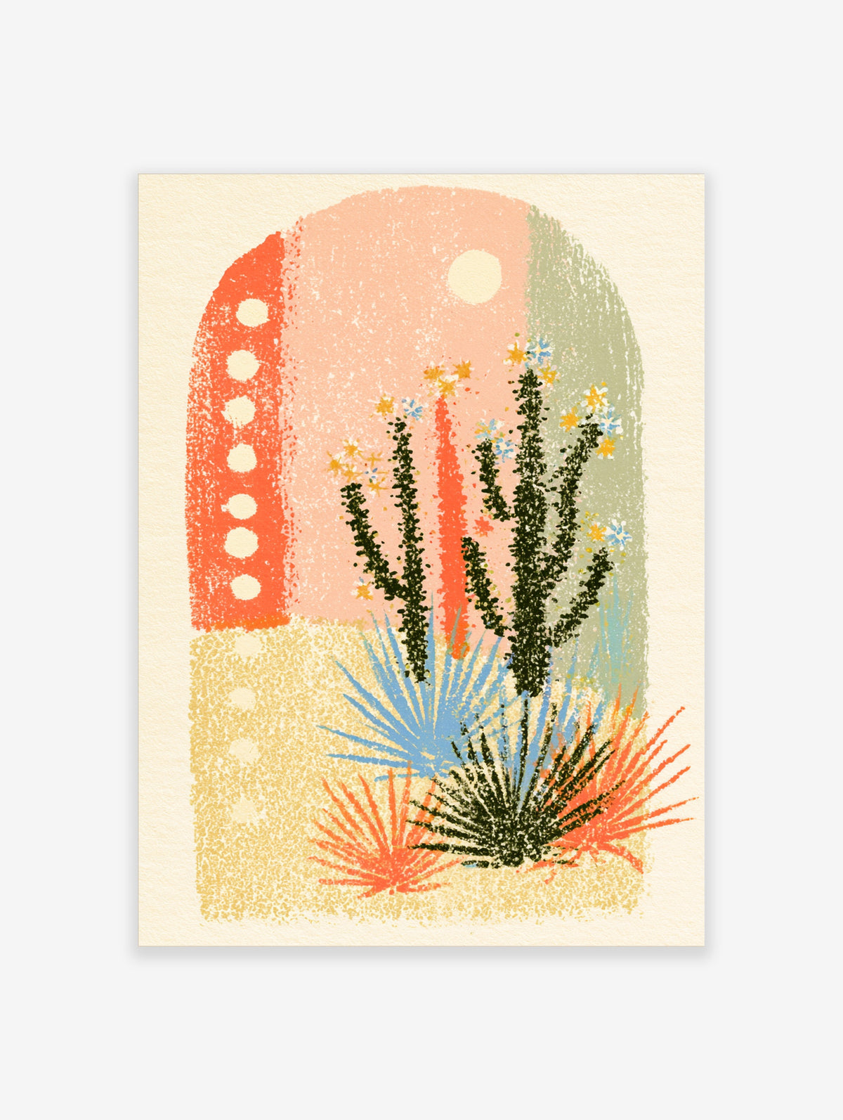 Desert cactus art print with pink and sage arch, pale sun, and blue and orange spiky plants