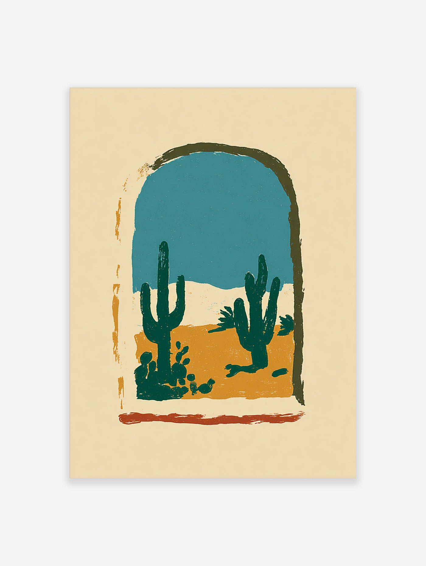 Desert cactus wall art with two saguaros in an arch window, teal sky, orange sand, cream background