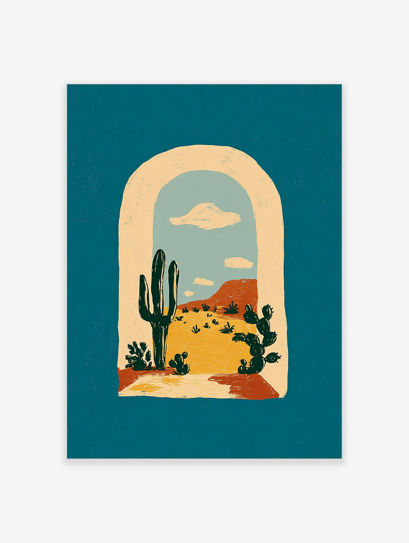 Desert cactus wall art with saguaro and prickly pear in arch window, teal background
