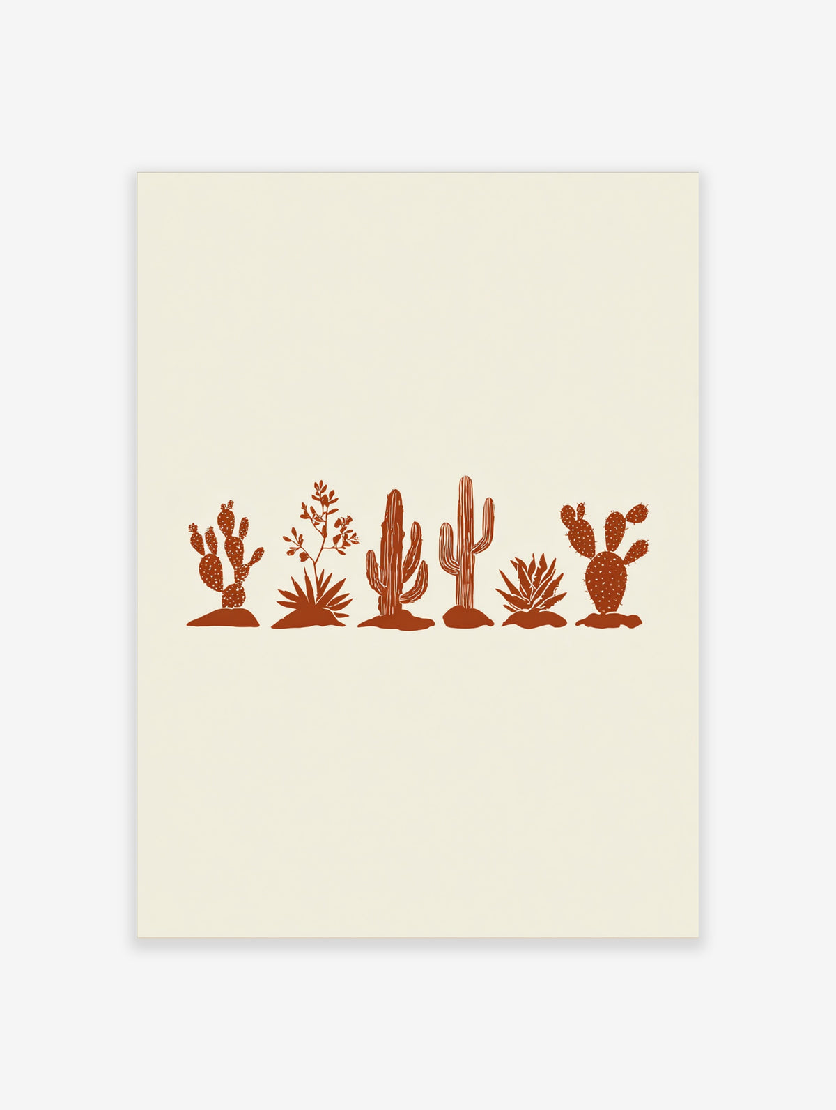 Terracotta desert cactus line art print with six cacti on cream background
