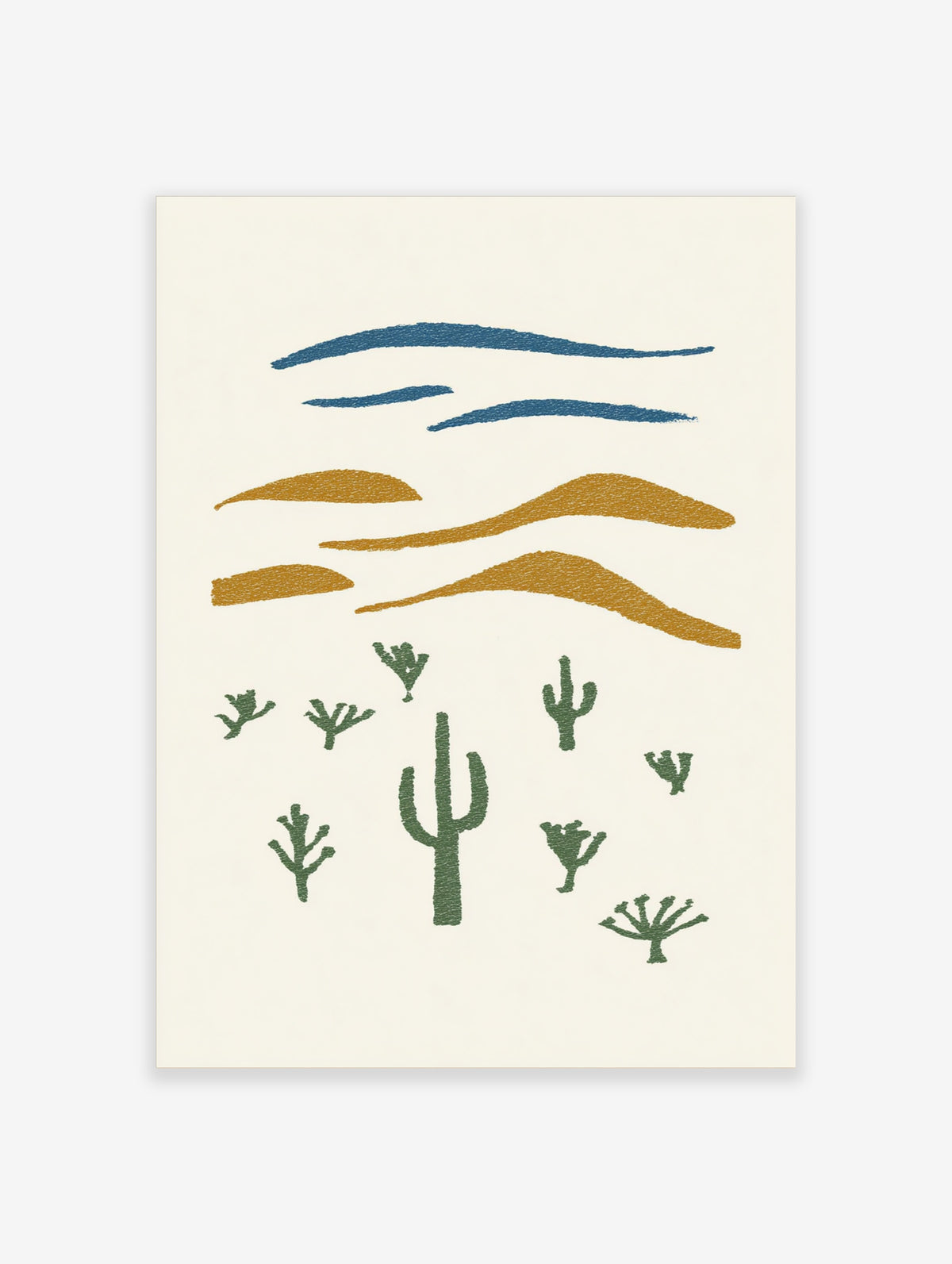 Desert cactus wall art with blue clouds, ochre dunes, and green cacti on cream background