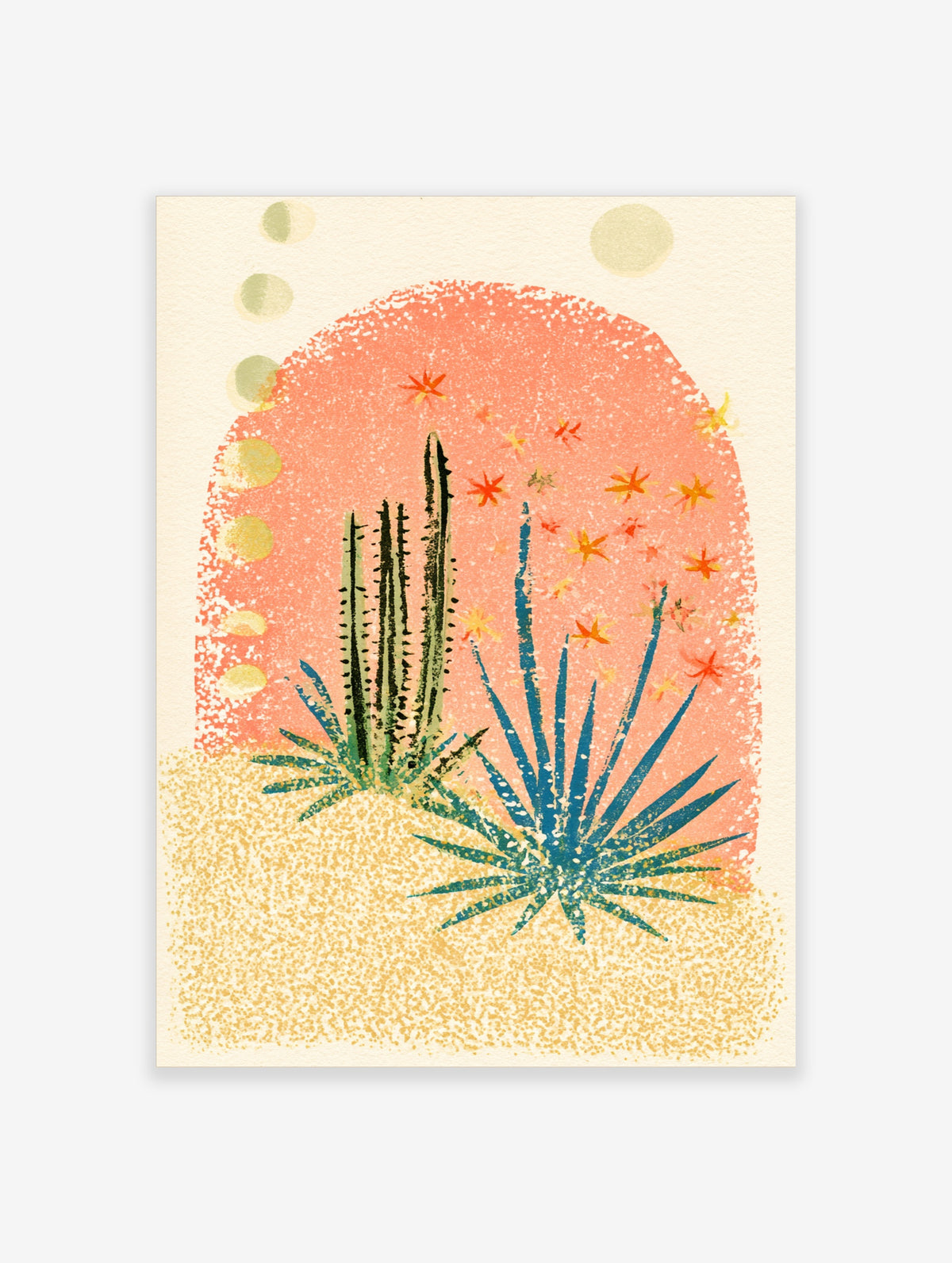 Desert cactus and blue agave illustration with orange star flowers on a pink arch background