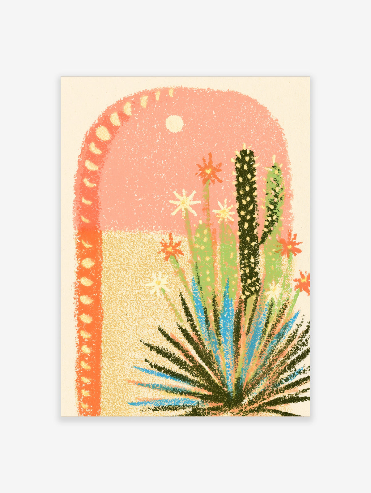 Desert cactus art print with green succulent stems and pink orange star flowers on a textured arch background