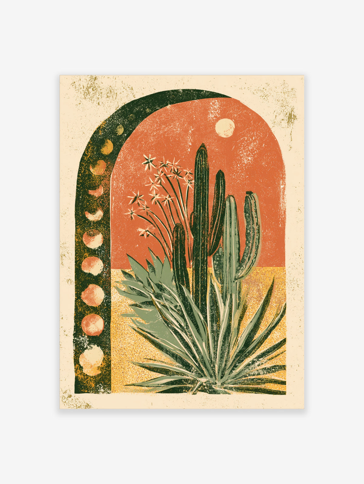 Retro desert cactus art print with saguaro, agave, star flowers, orange moon and arch