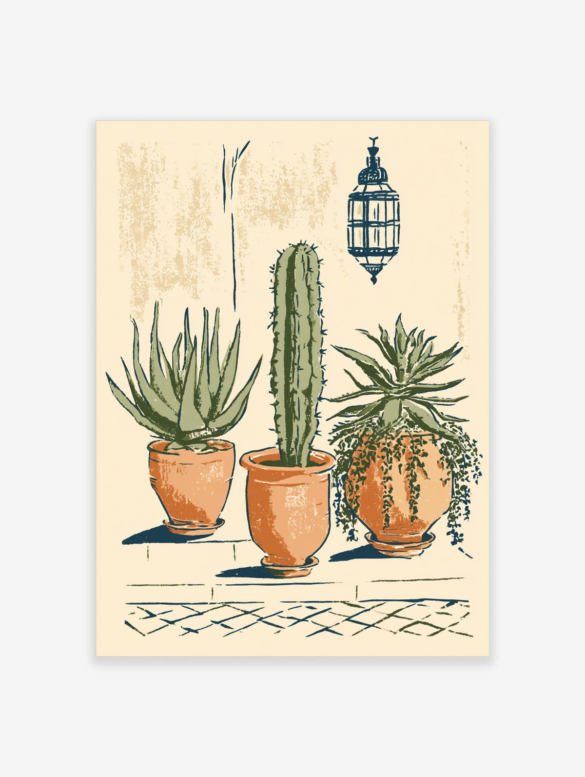 Desert cactus wall art print with three potted succulents in terracotta pots and a hanging lantern