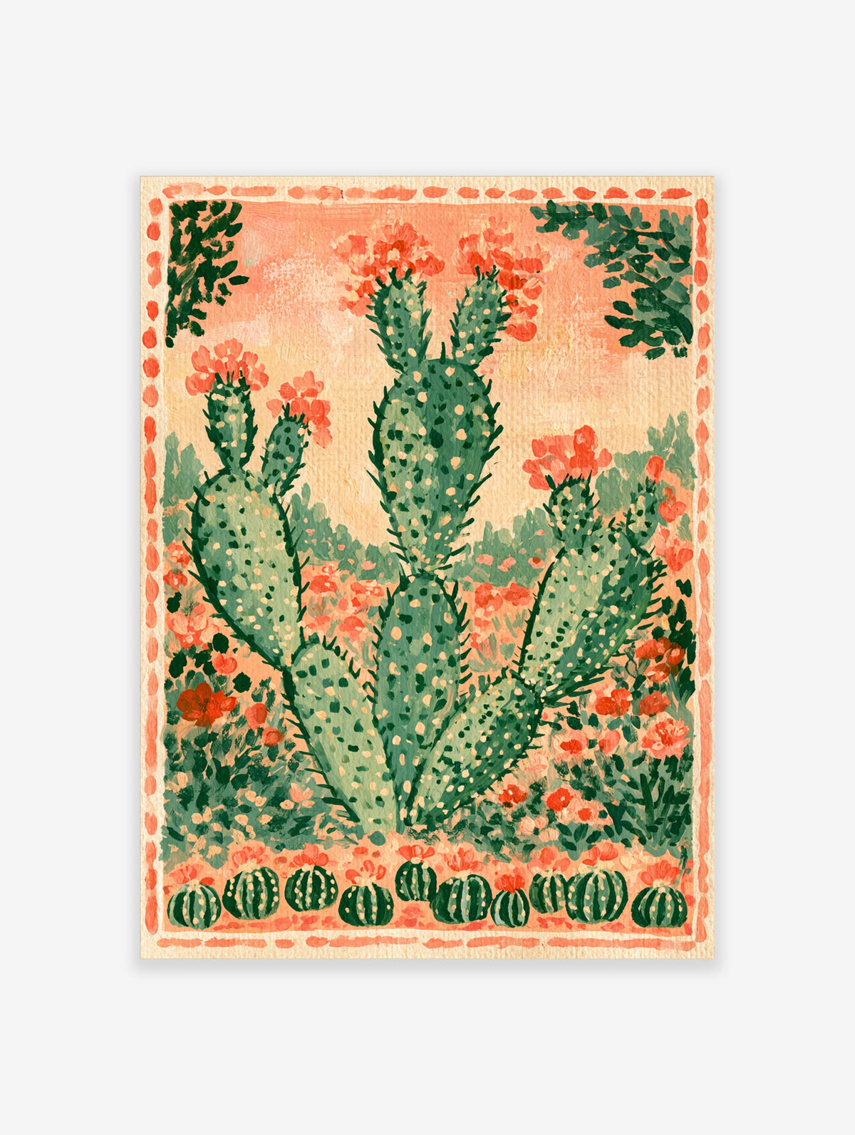 Desert cactus art print with green prickly pear, red flowers, and striped gourds on peach background