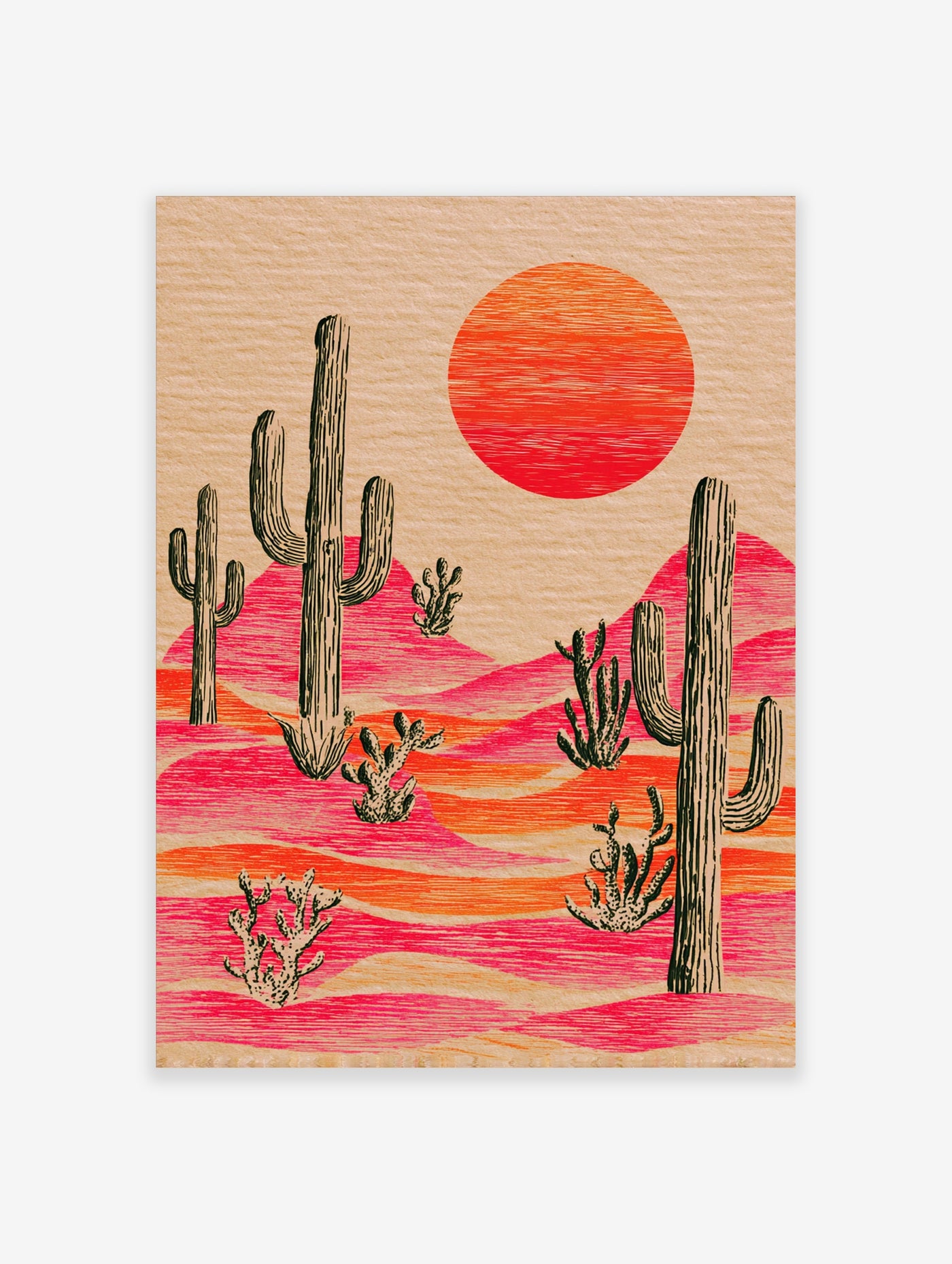 Desert cactus wall art with saguaro cacti, pink dunes, and red sun, retro illustration on beige background