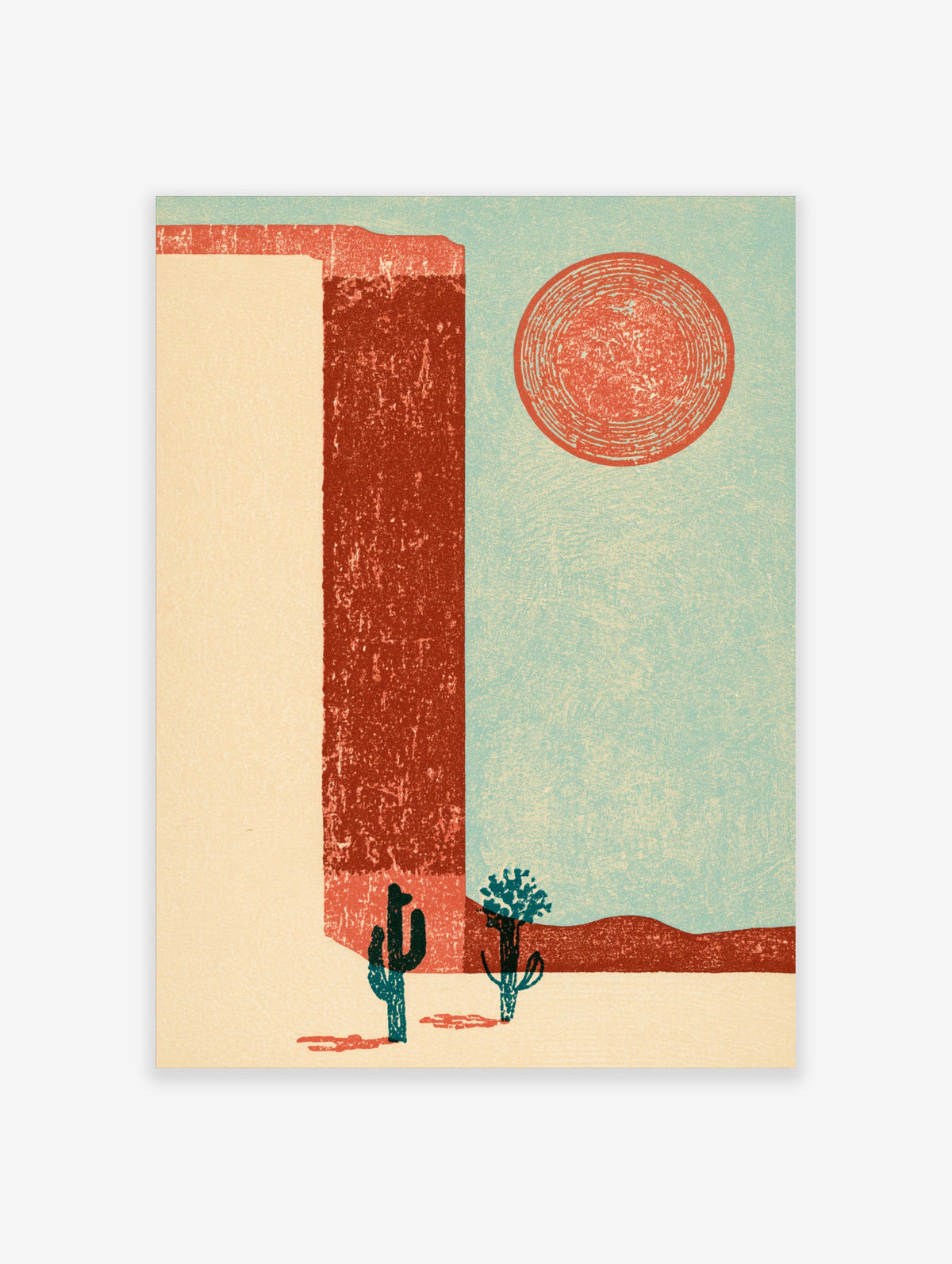 Desert wall art print with terracotta cliff, two cacti, red sun, light blue sky, retro style
