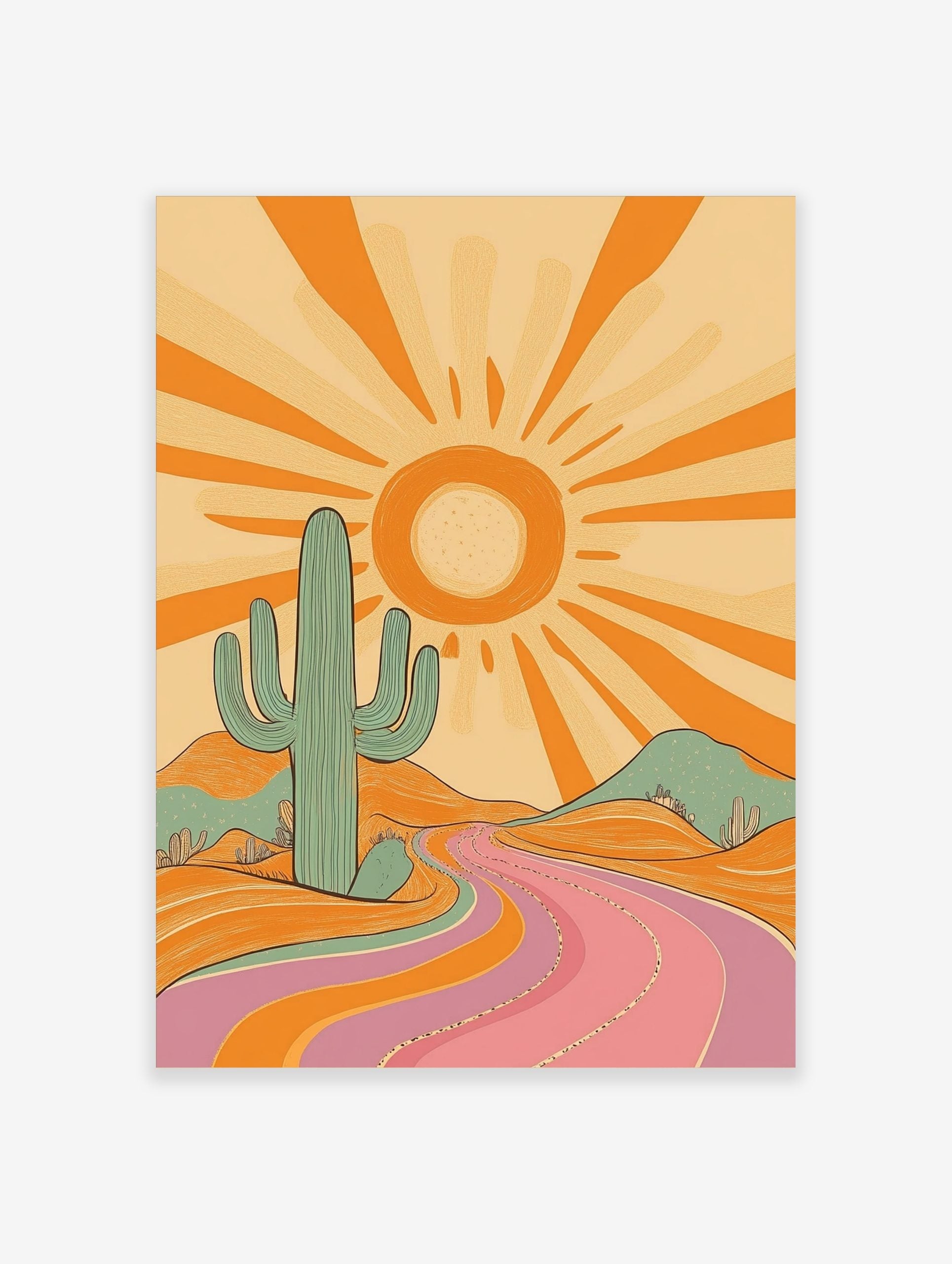 Retro desert landscape art print with a large teal cactus, orange sun, and a winding pink and orange road