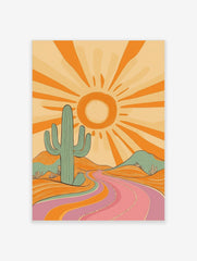 Retro desert landscape art print with a large teal cactus, orange sun, and a winding pink and orange road