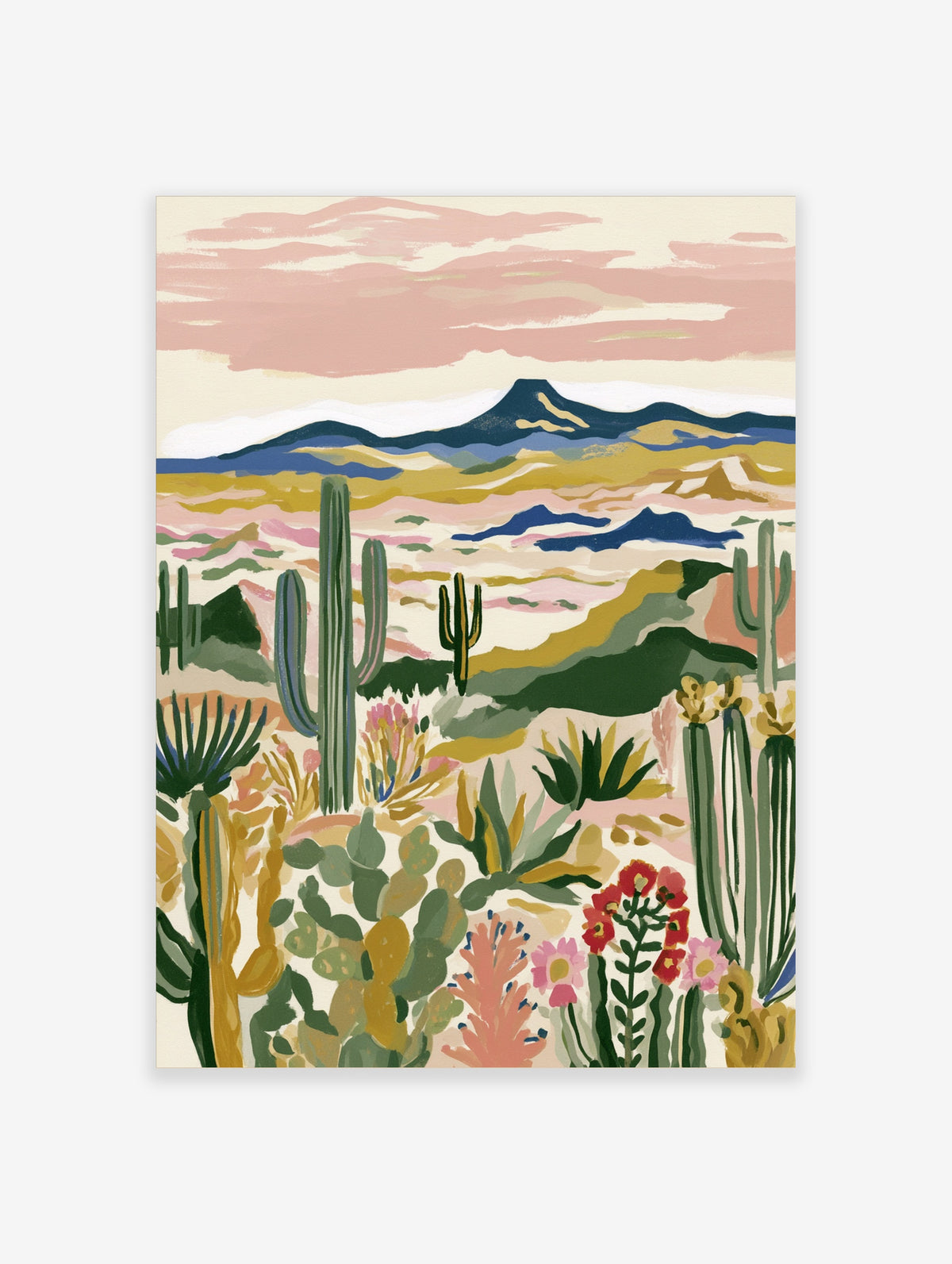 Desert cactus landscape art print with saguaro, prickly pear, pink flowers, blue mountains, and pink sky