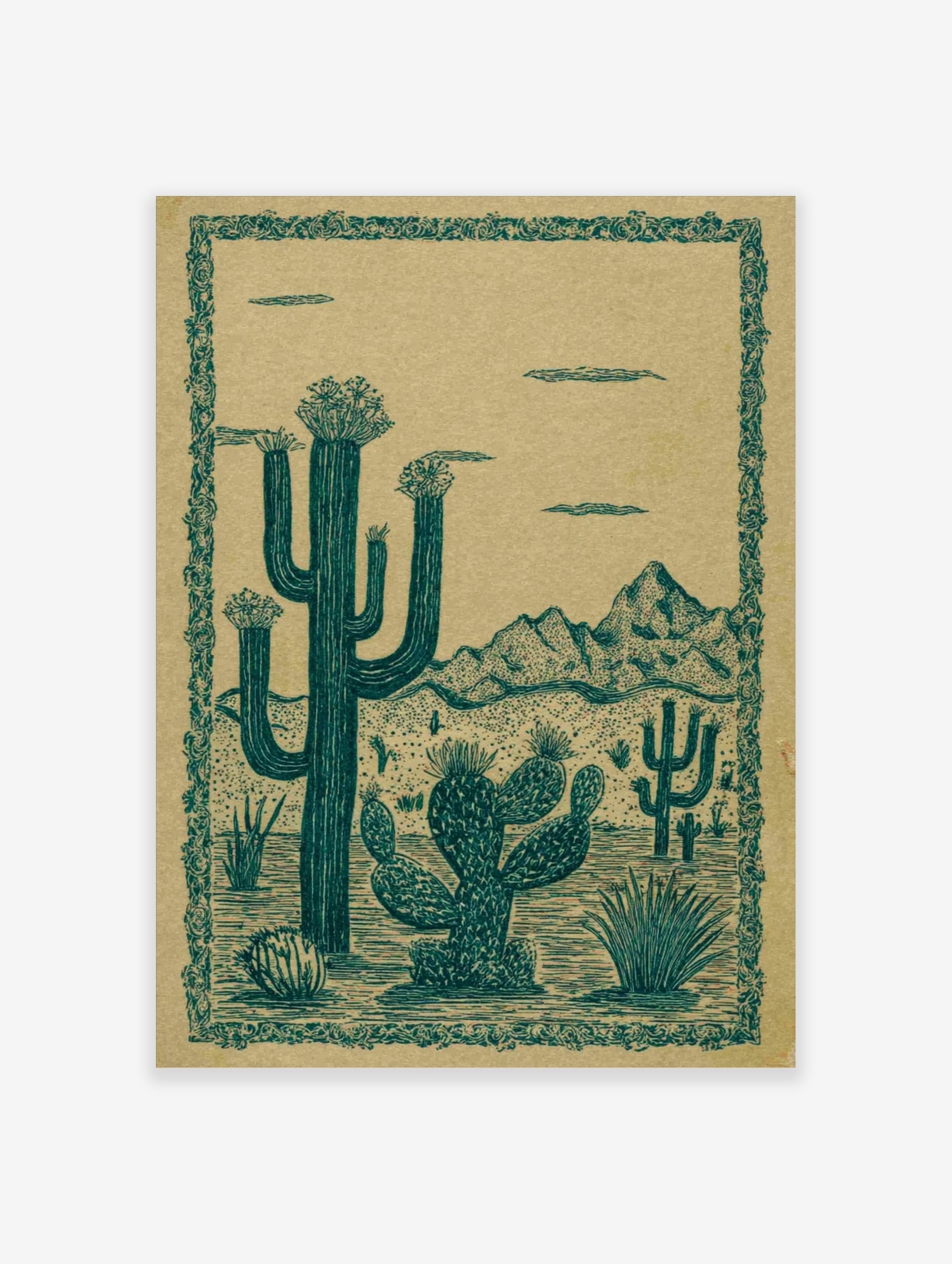 Illustrative desert landscape print with teal green saguaro and prickly pear cacti against a tan background