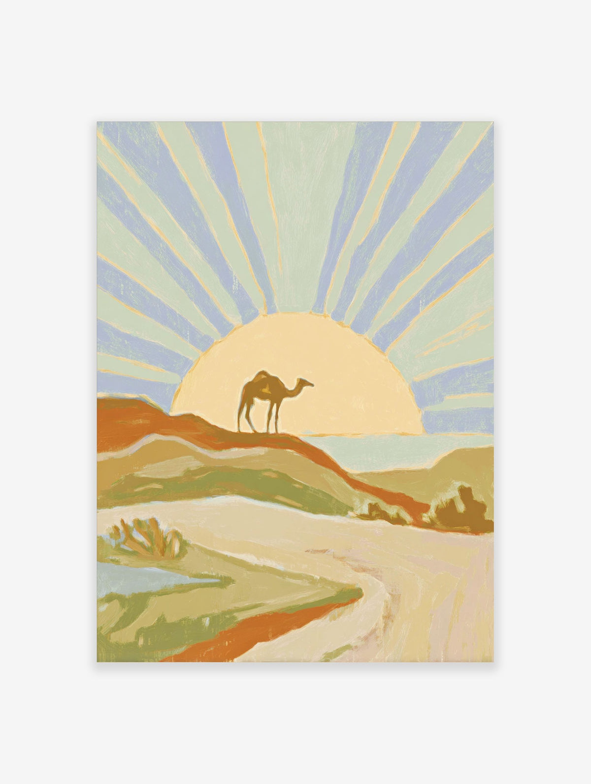 Illustrative desert landscape art print with a camel on a dune, radiating sunset, and distant sea