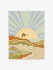 Illustrative desert landscape art print with a camel on a dune, radiating sunset, and distant sea