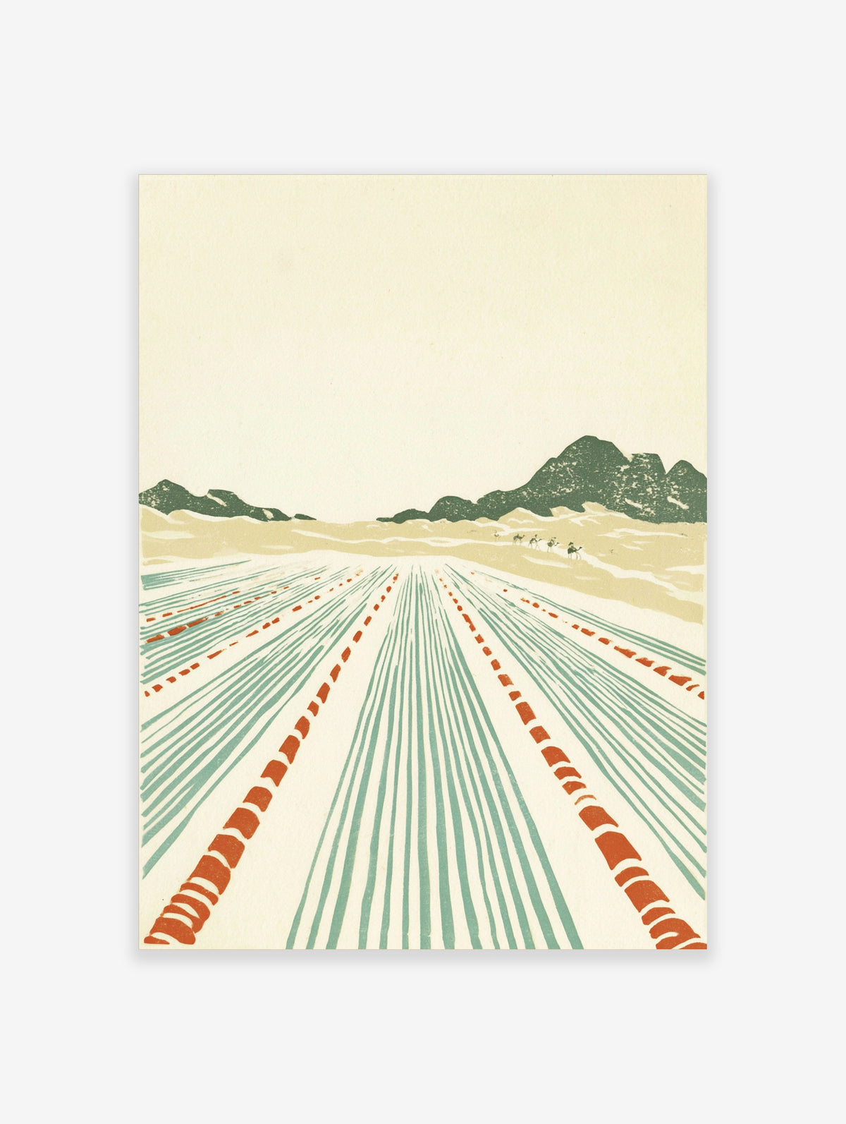 Minimalist desert landscape print with camels, sand dunes, green mountains and terracotta tracks