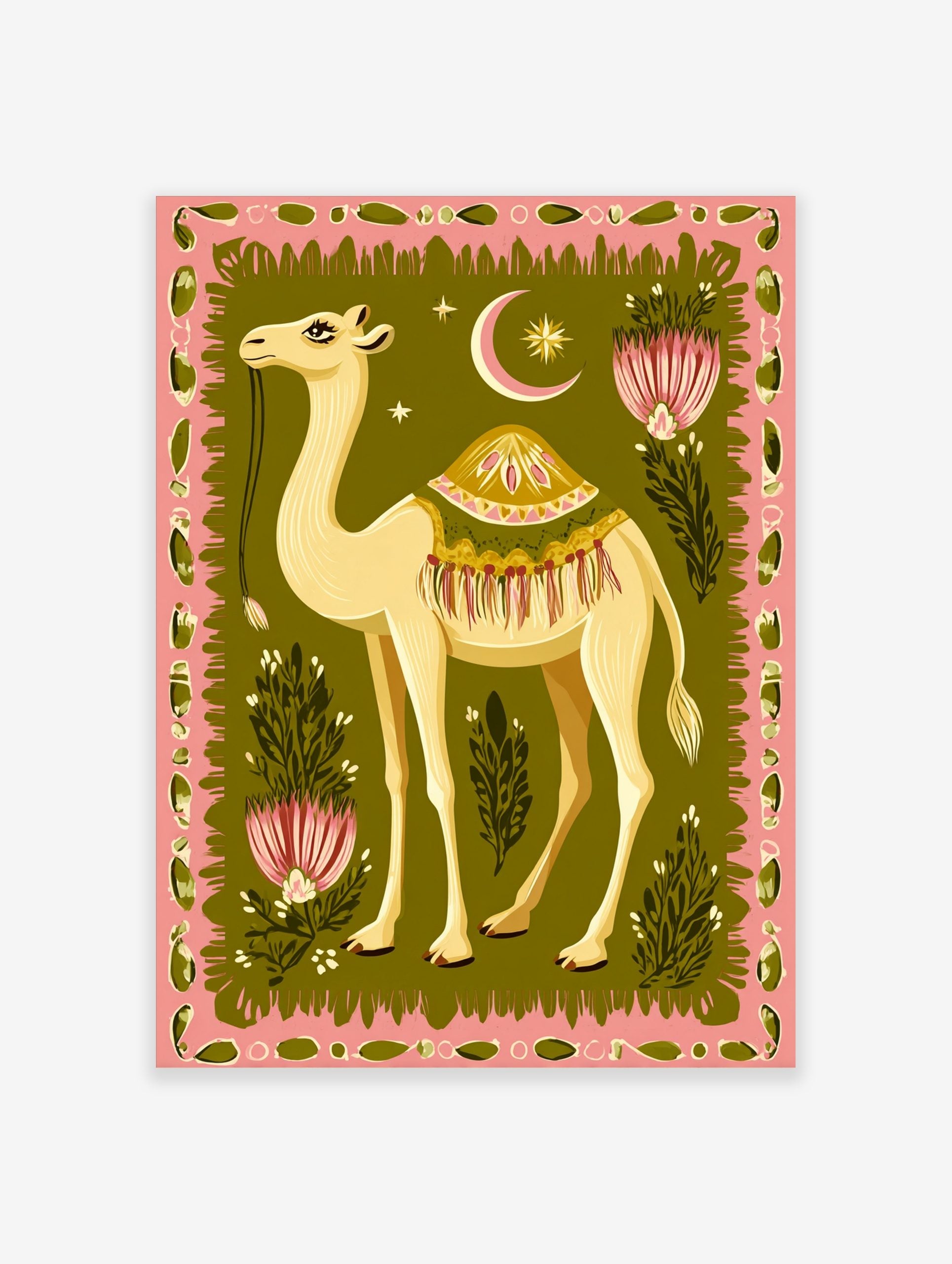 Illustrative camel wall art with ornate saddle, pink border, green background, stylised flowers, crescent moon, and star