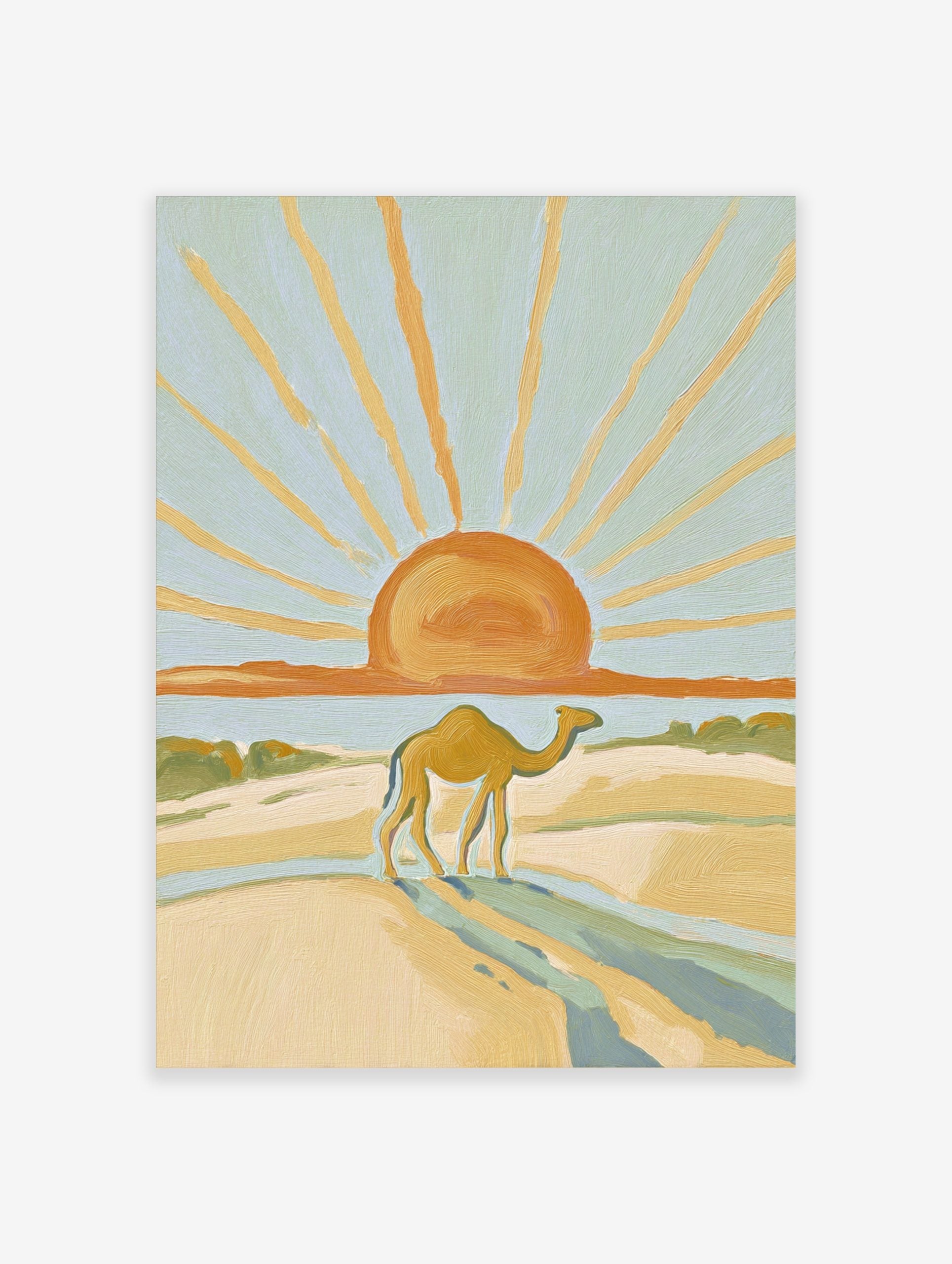 Illustrative desert scene with a camel walking on sand dunes under a large orange sun with golden rays