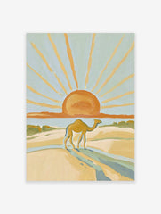 Illustrative desert scene with a camel walking on sand dunes under a large orange sun with golden rays